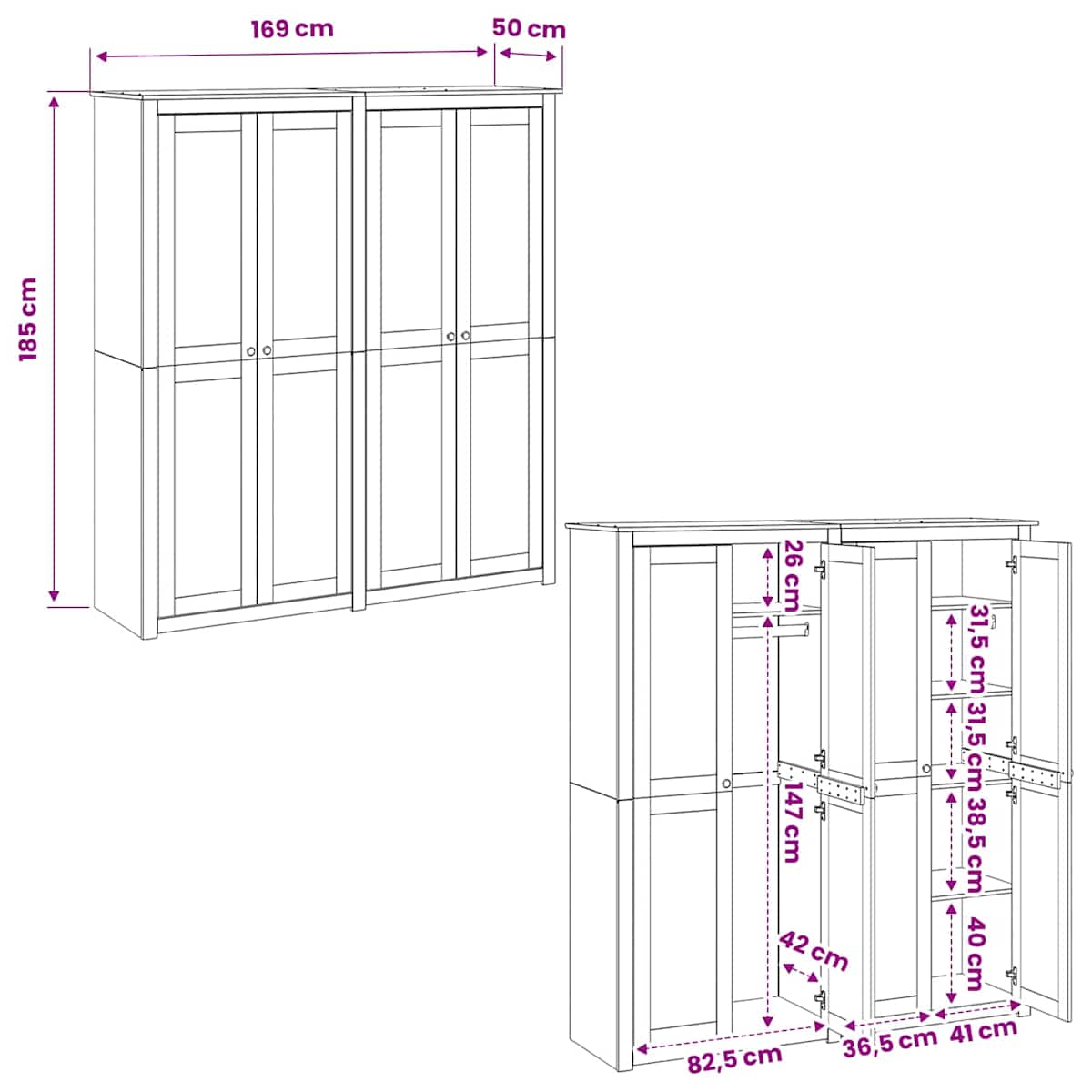 Garderobeskab PANAMA Honning 169 x 50 x 185 cm Massivt fyrretræ - Billede 9