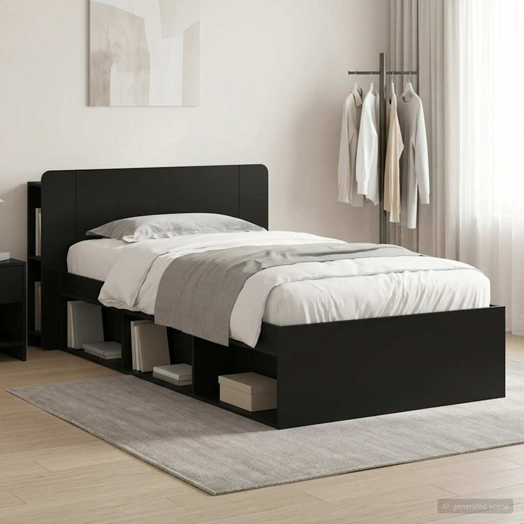 Voodiraam ladustamisega peaga Must 75 x 190 cm Tehispuit