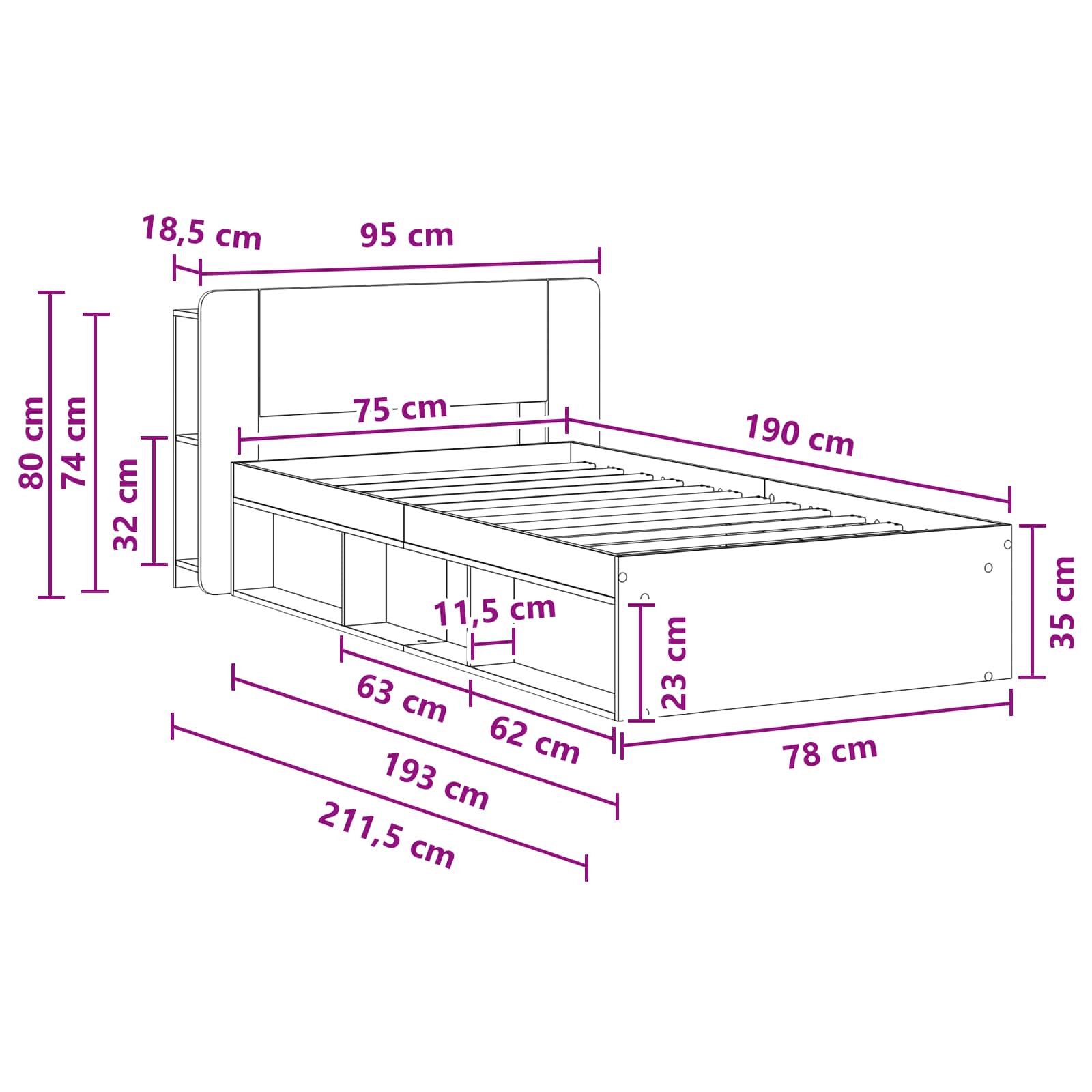 Rám postele s úložným prostorem s čelo Staré dřevo 75 x 190 cm - obrázek 9
