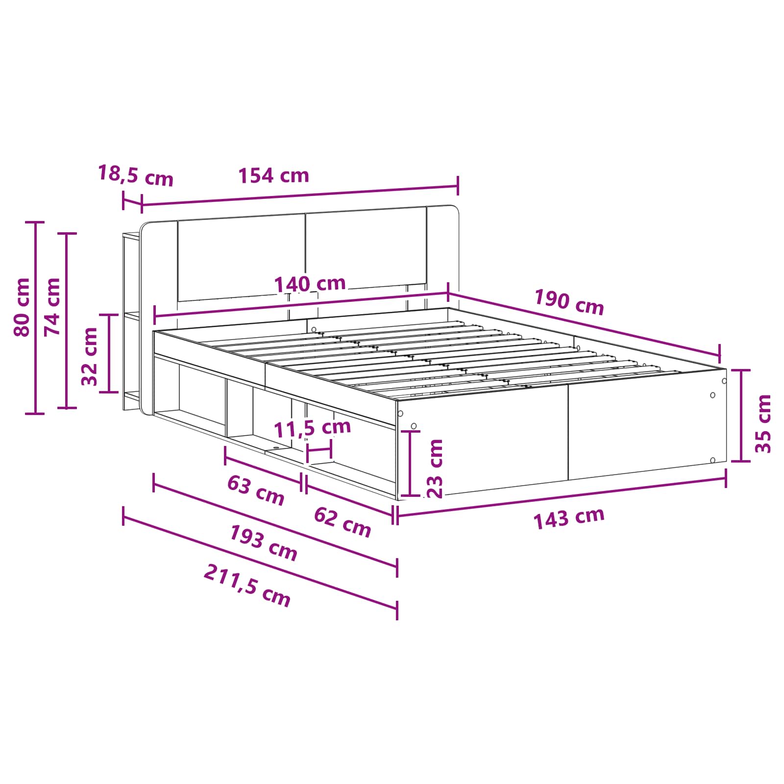 Rám postele s úložným prostorem s čelo Kouřový dub 140 x 190 cm - obrázek 9