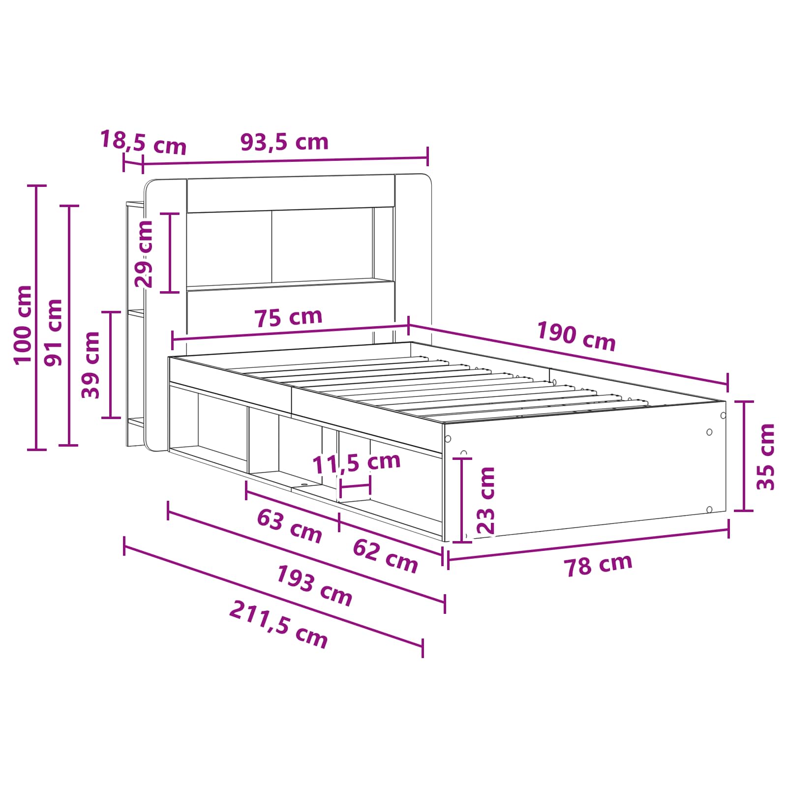 Rám postele s úložným prostorem s čelo Staré dřevo 75 x 190 cm - obrázek 9