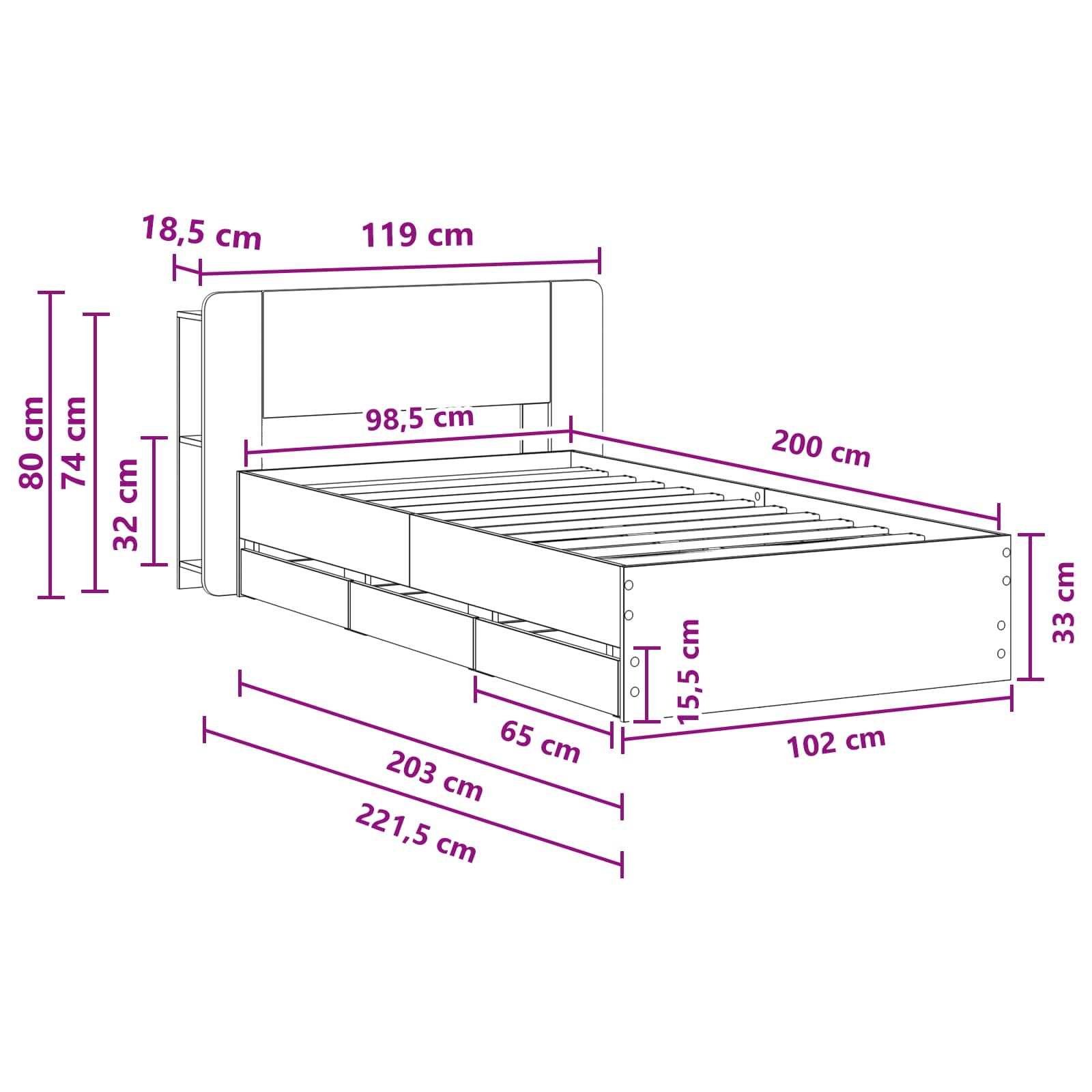 Rám postele s úložným prostorem s čelo Bílá 100 x 200 cm - obrázek 10