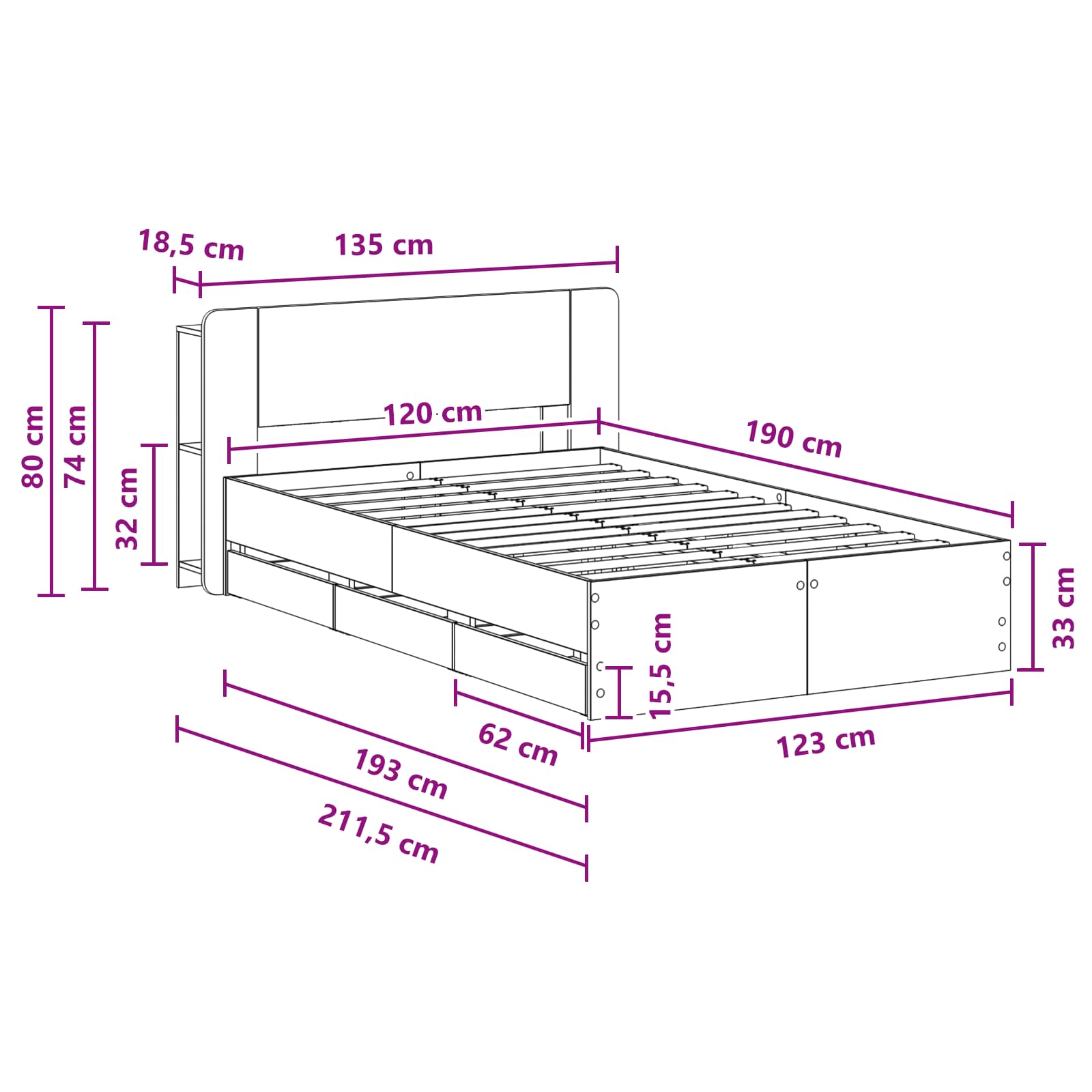 Rám postele s úložným prostorem s čelo Kouřový dub 120 x 190 cm - obrázek 10