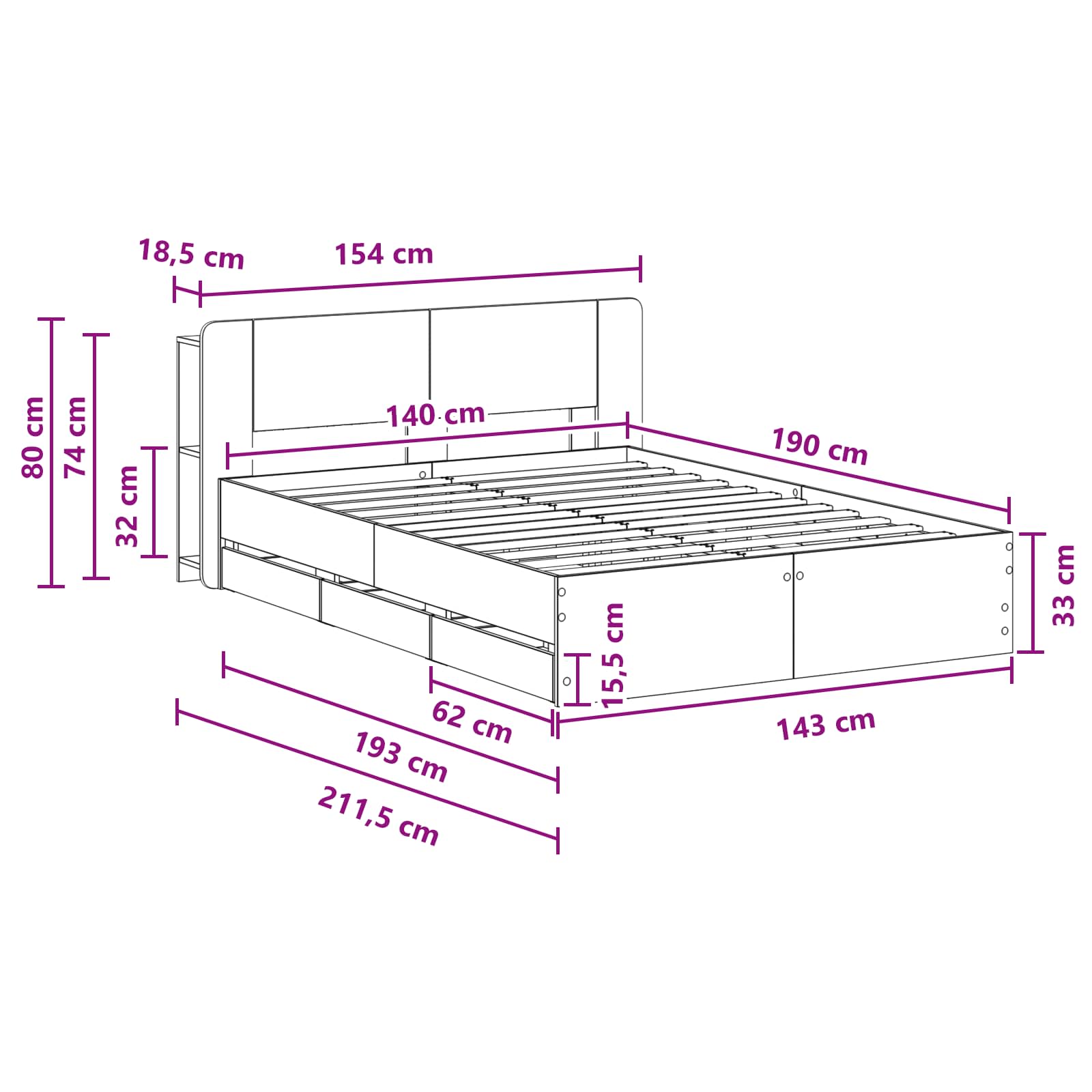 Rám postele s úložným prostorem s čelo Kouřový dub 135 x 190 cm - obrázek 10