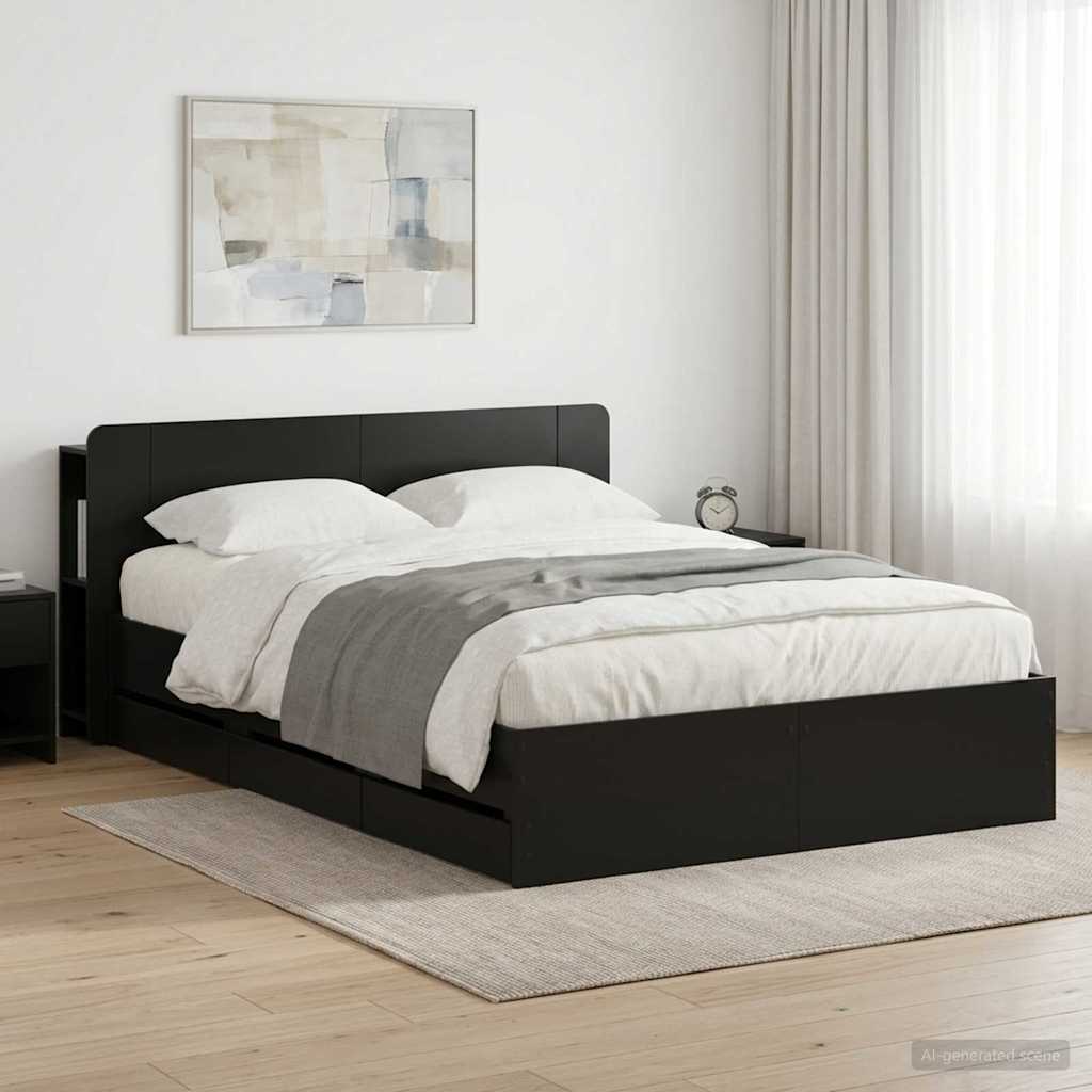 vidaXL Sängynrunko säilytyksellä ja päänäytöllä Musta 5FT King Size
