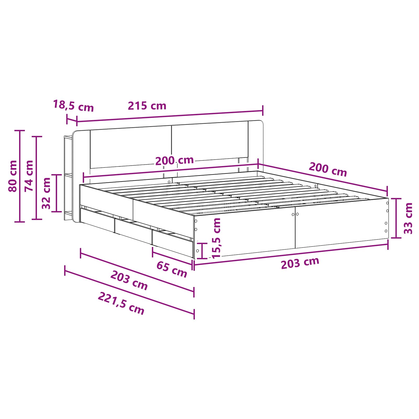 Rám postele s úložným prostorem s čelo Černá 200 x 200 cm - obrázek 10