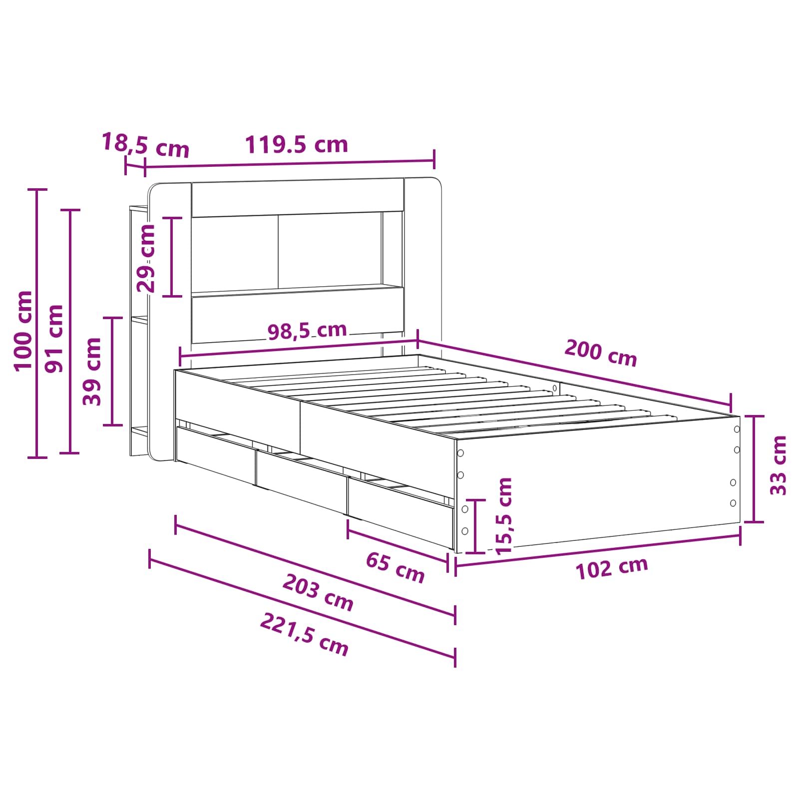 Rám postele s úložným prostorem s čelo Bílá 100 x 200 cm - obrázek 10