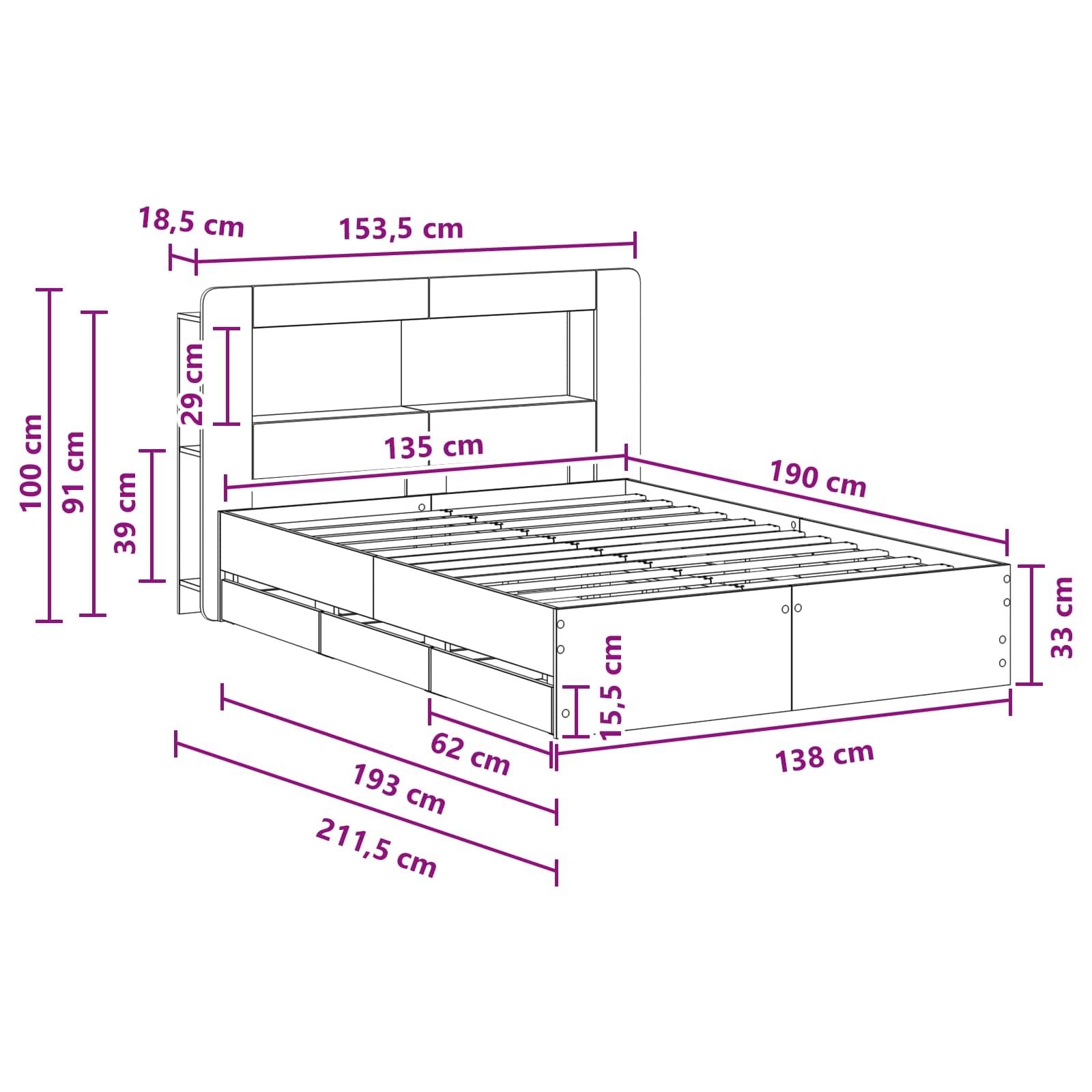 Rám postele s úložným prostorem s čelo Kouřový dub 135 x 190 cm - obrázek 10