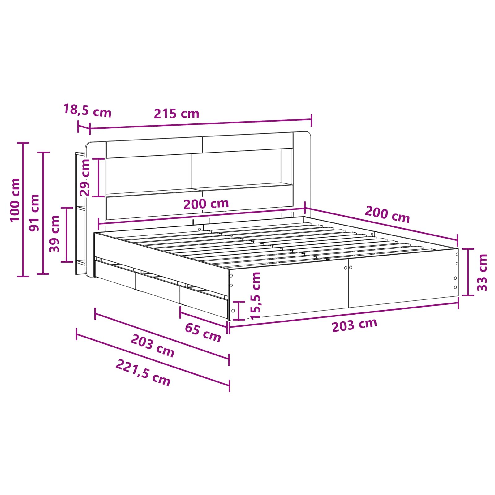 Rám postele s úložným prostorem s čelo Černá 200 x 200 cm - obrázek 10