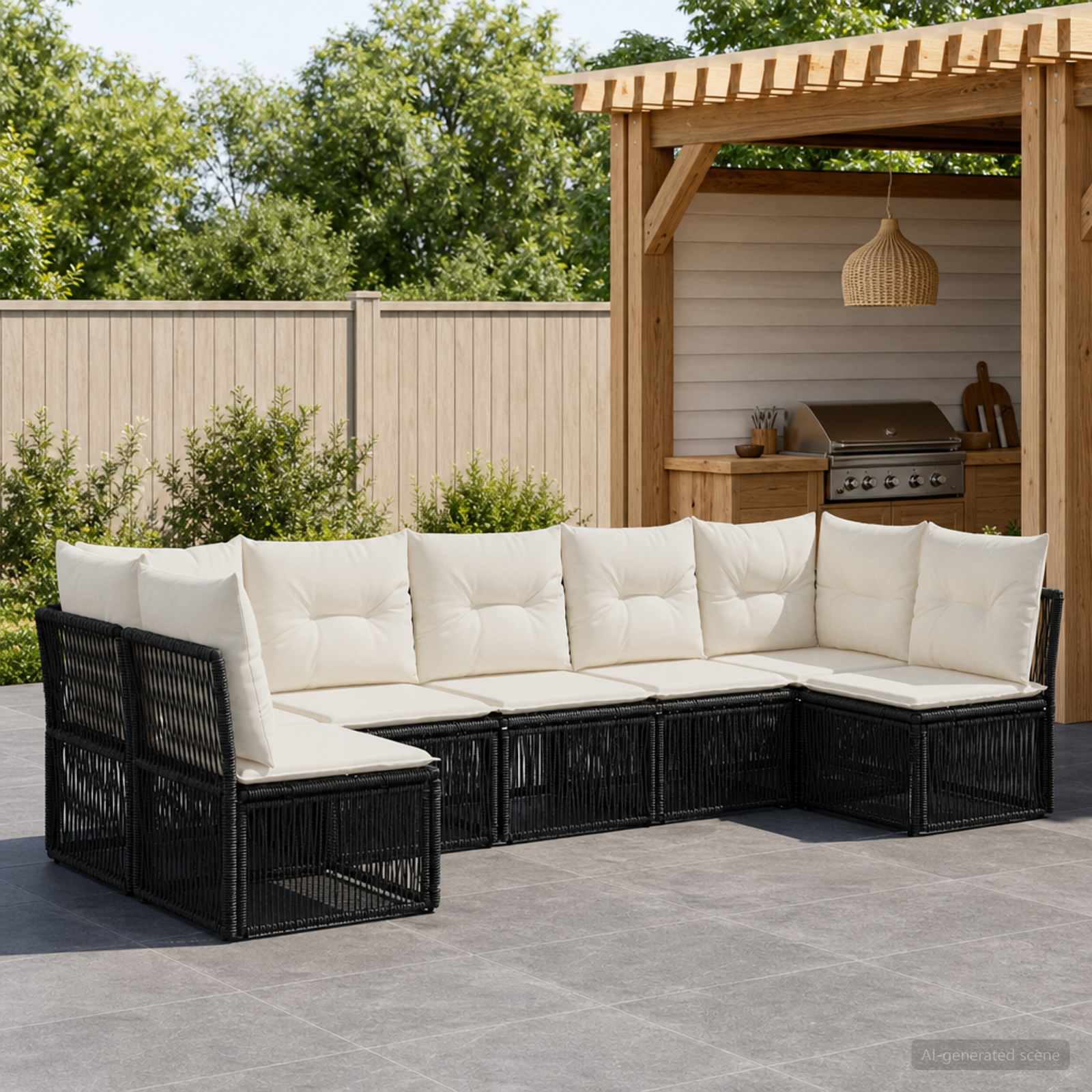 Havesofa sæt 7 stk. i sort polyrattan med puder