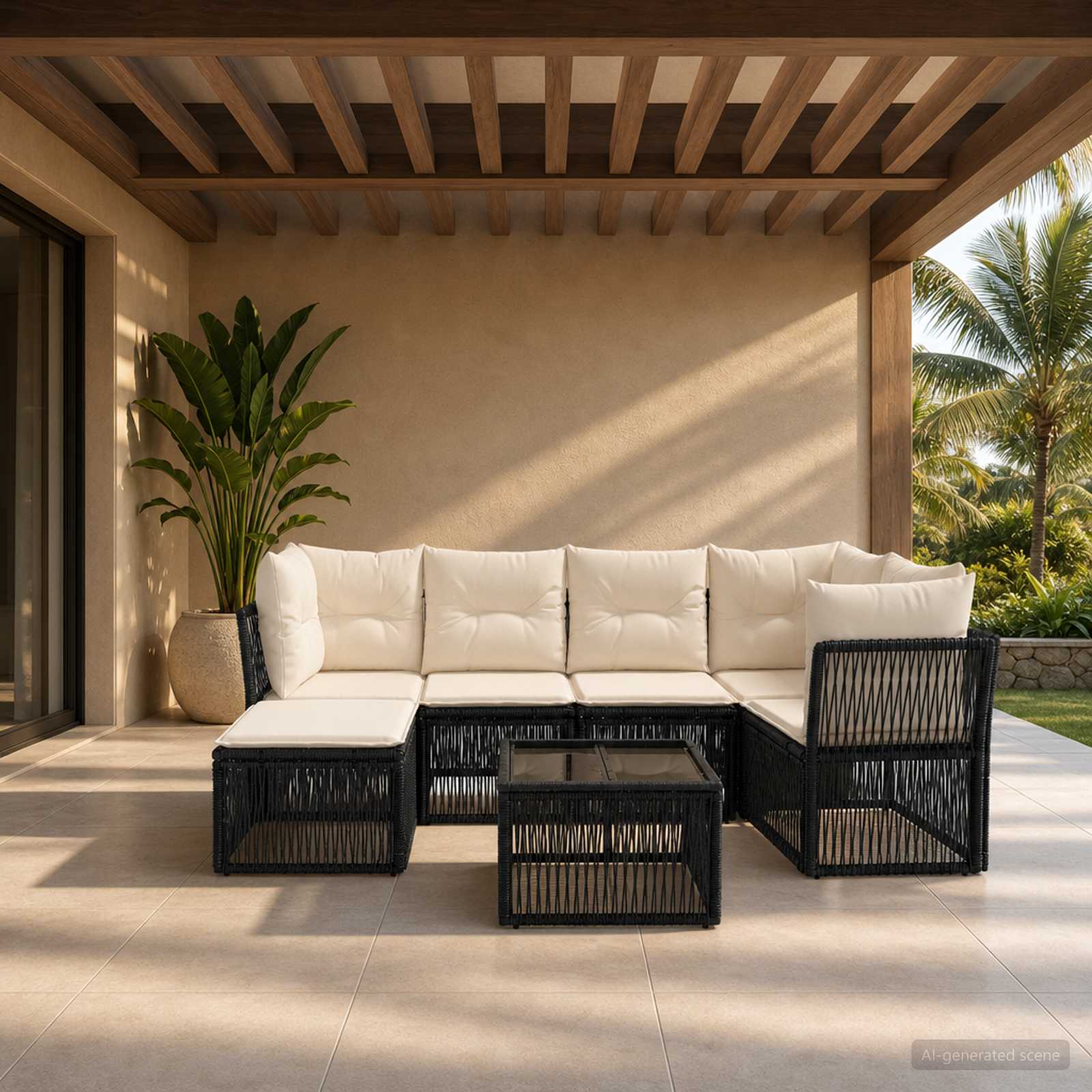 Tuinbankenset 7 pcs Zwart poly rattan – afbeelding 1