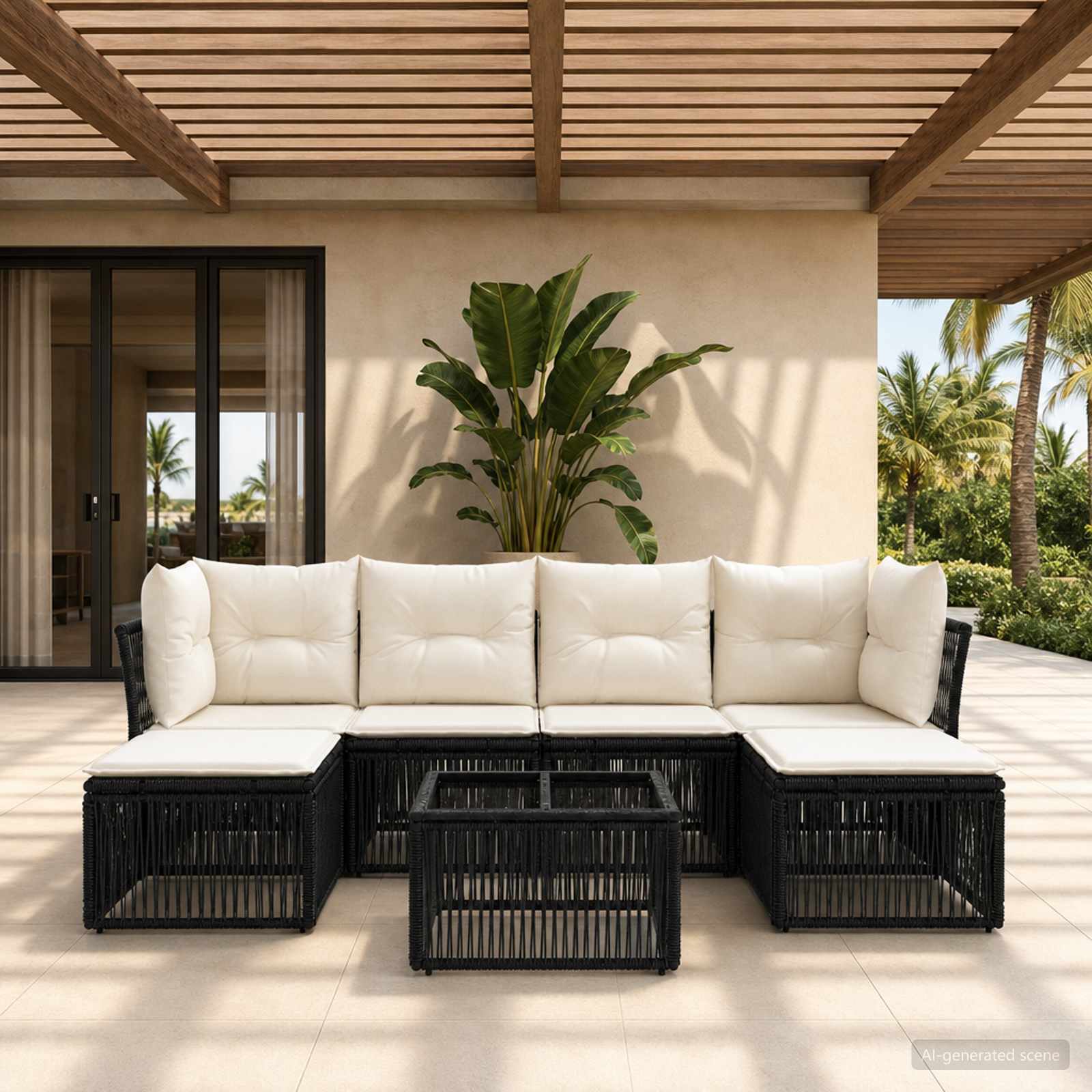 Tuinbankenset 7 pcs Zwart poly rattan – afbeelding 1