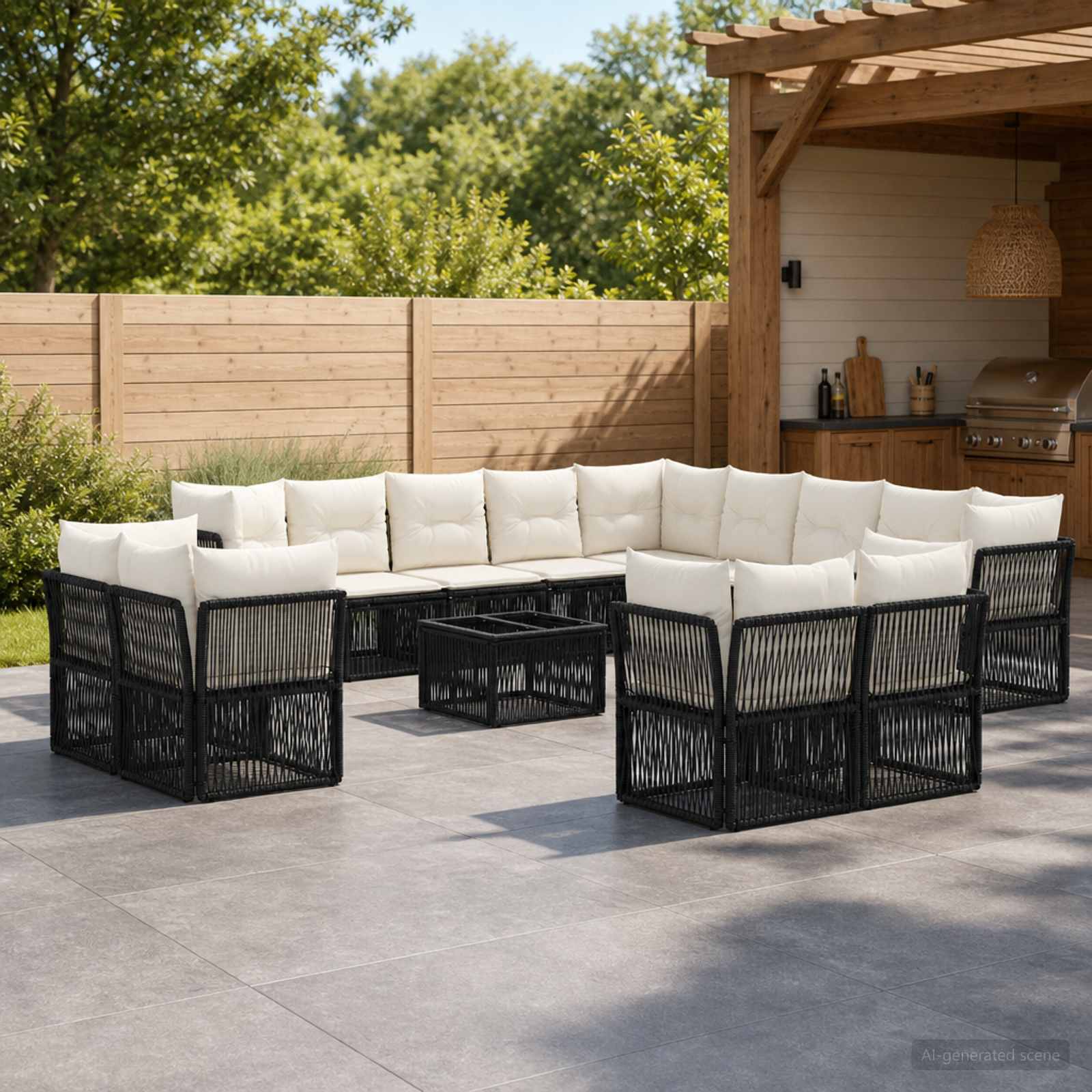 Havesofa sæt 14 stk. i sort polyrattan til terrasse og have