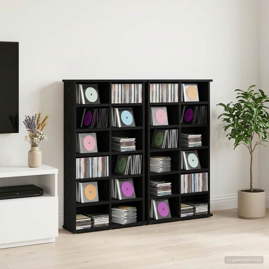 CD-kaappi 2 kpl Musta tammi 60 x 17 x 92 cm Tekninen puu