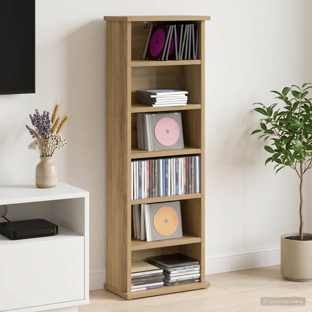 CD Kast Artisanaal eiken 60 x 17 x 92 cm Bewerkt hout – afbeelding 1