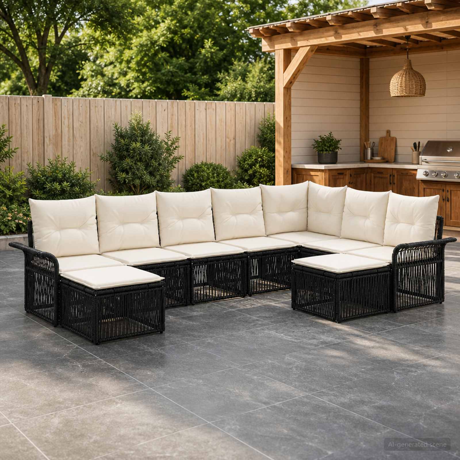 Tuinbankenset 9 pcs Zwart en Cream Wit poly rattan – afbeelding 1