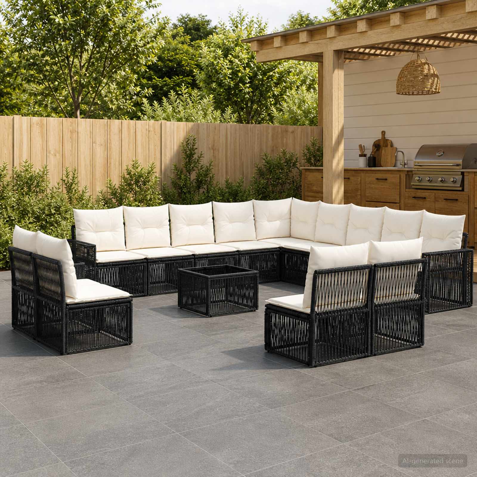 Gartensofa-set 14 Stk. Schwarz und Cremeweiß Poly-Rattan