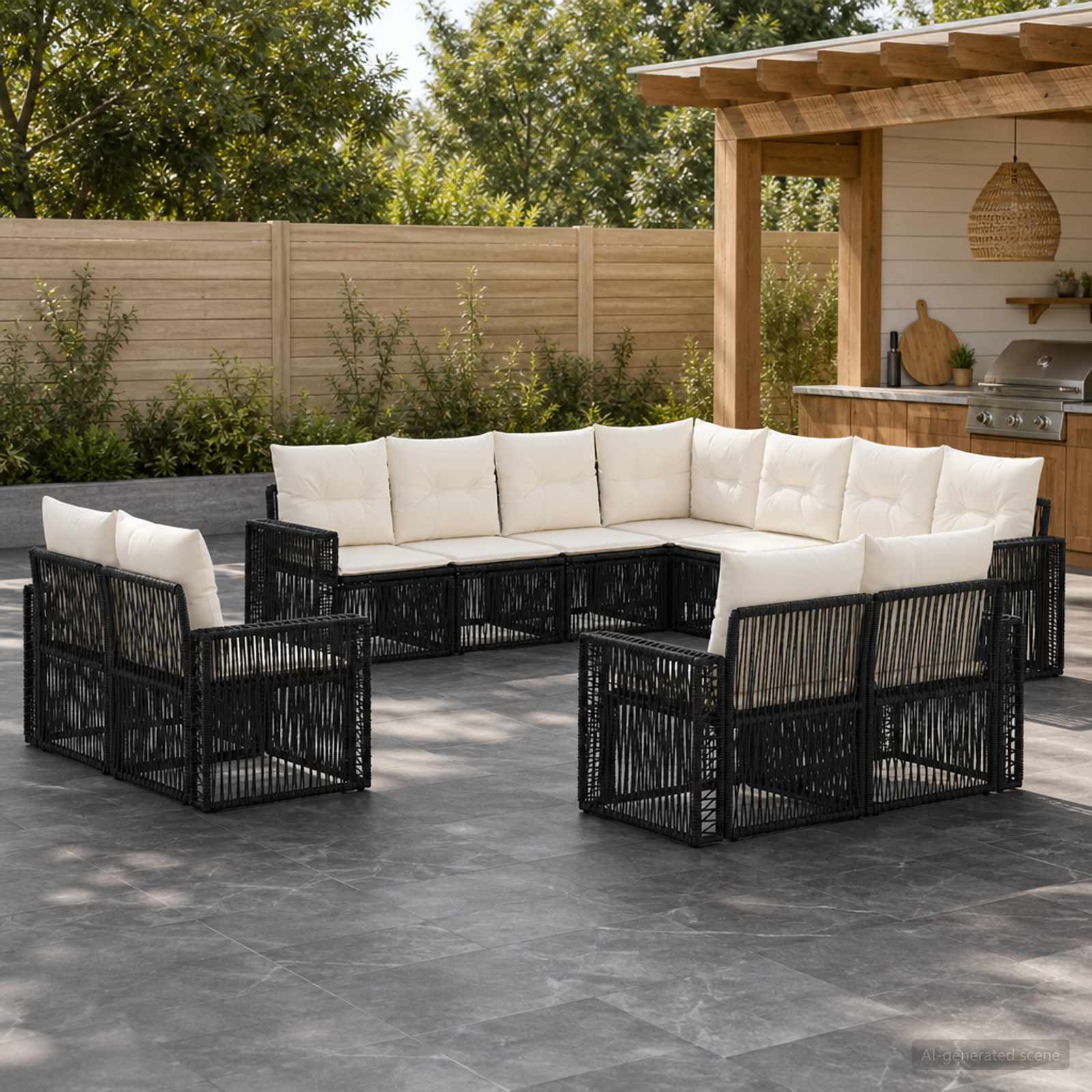 Tuinbankenset 11 pcs Zwart en Cream Wit poly rattan – afbeelding 1