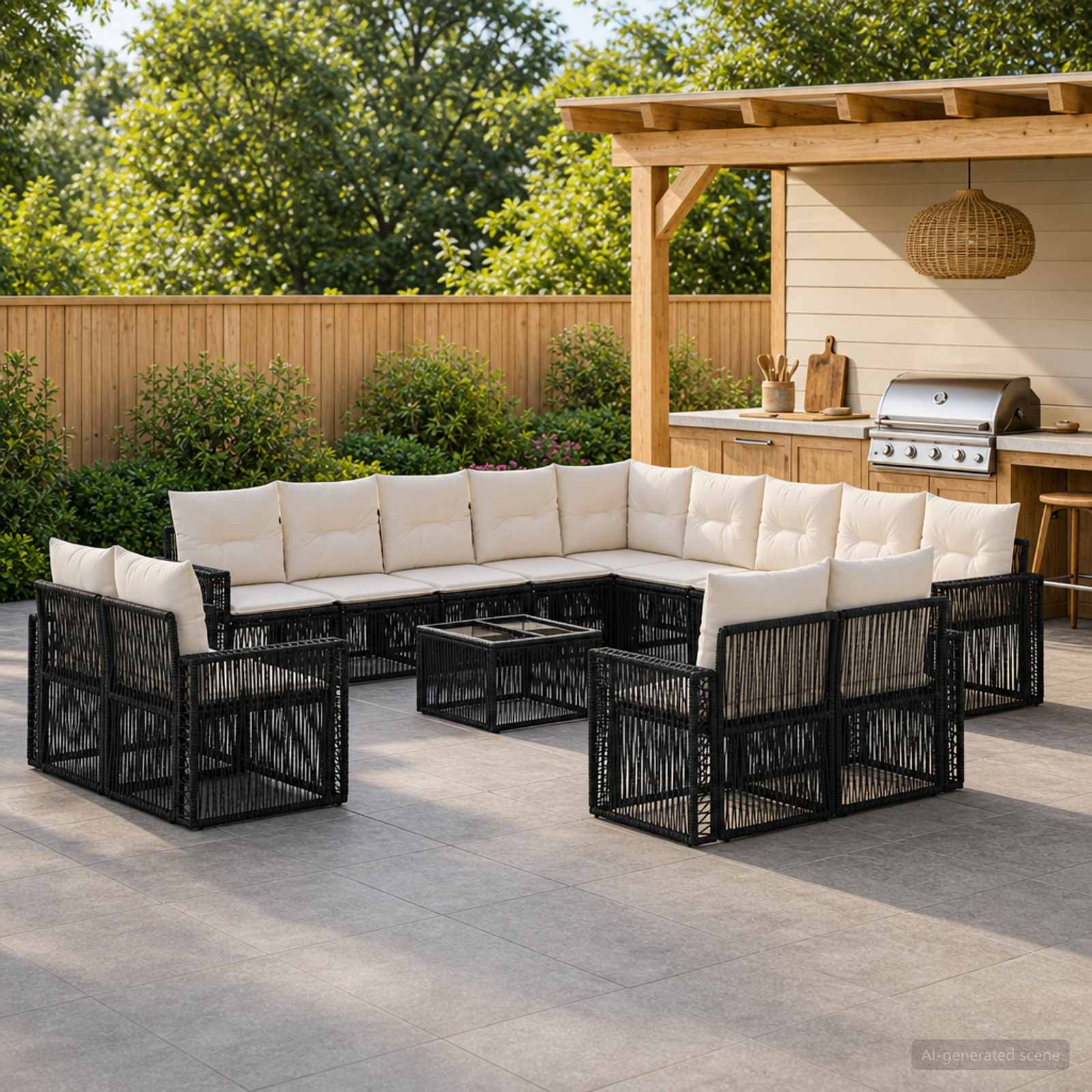 Tuinbankenset 14 pcs Zwart en Cream Wit poly rattan – afbeelding 1