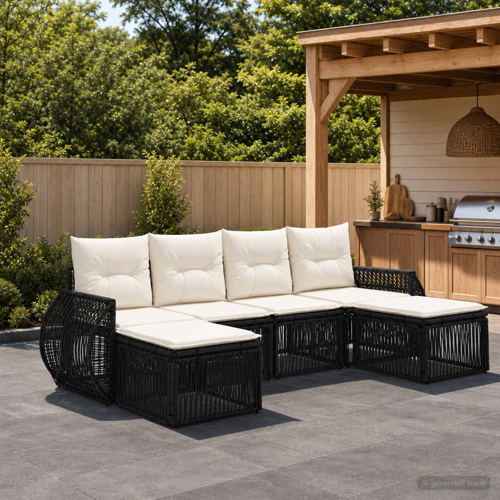 Set Divano da Giardino 6 pcs Nero e Bianco Crema polyrattan - immagine prodotto