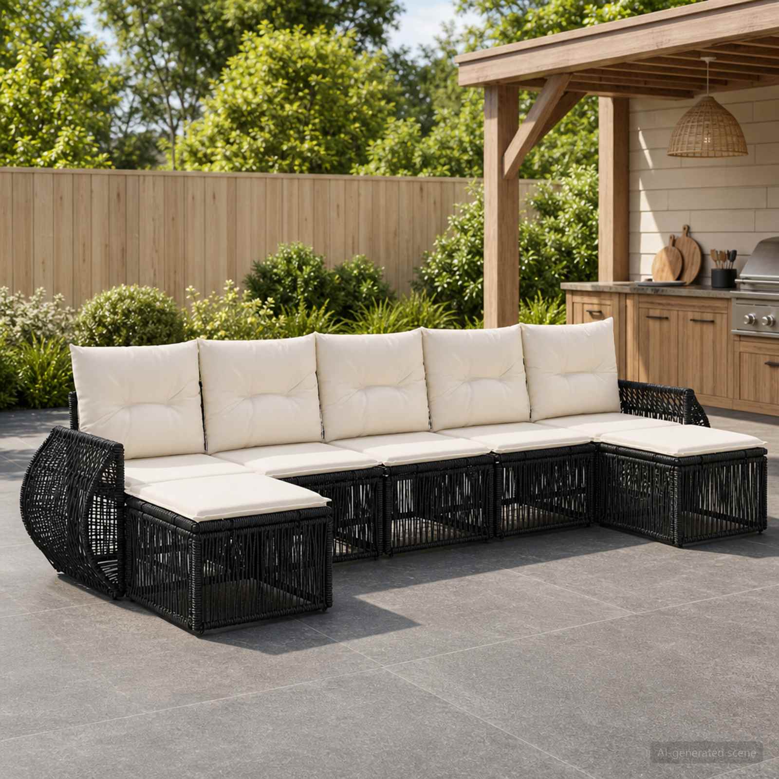 Tuinbankenset 7 pcs Zwart en Cream Wit poly rattan – afbeelding 1