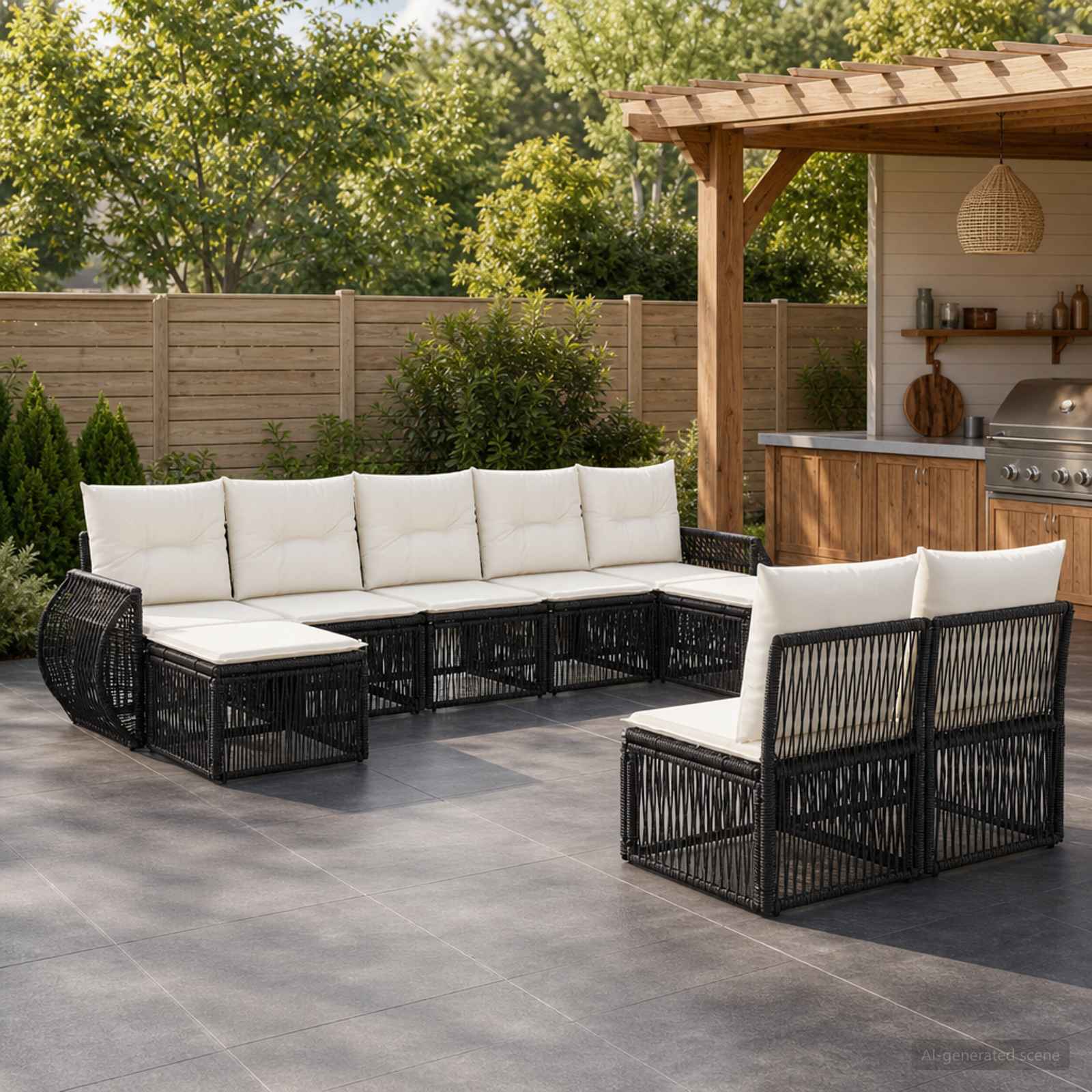 Tuinbankenset 9 pcs Zwart en Cream Wit poly rattan – afbeelding 1
