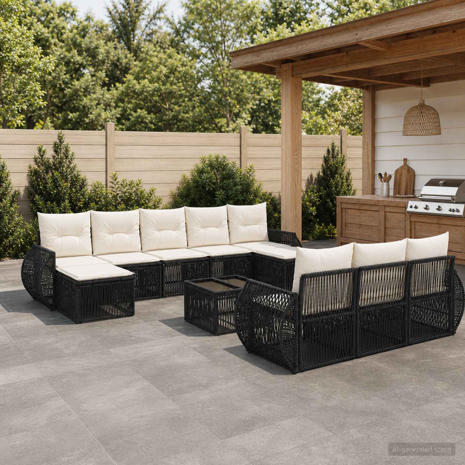 Tuinbankenset 11 pcs Zwart en Cream Wit poly rattan – afbeelding 1