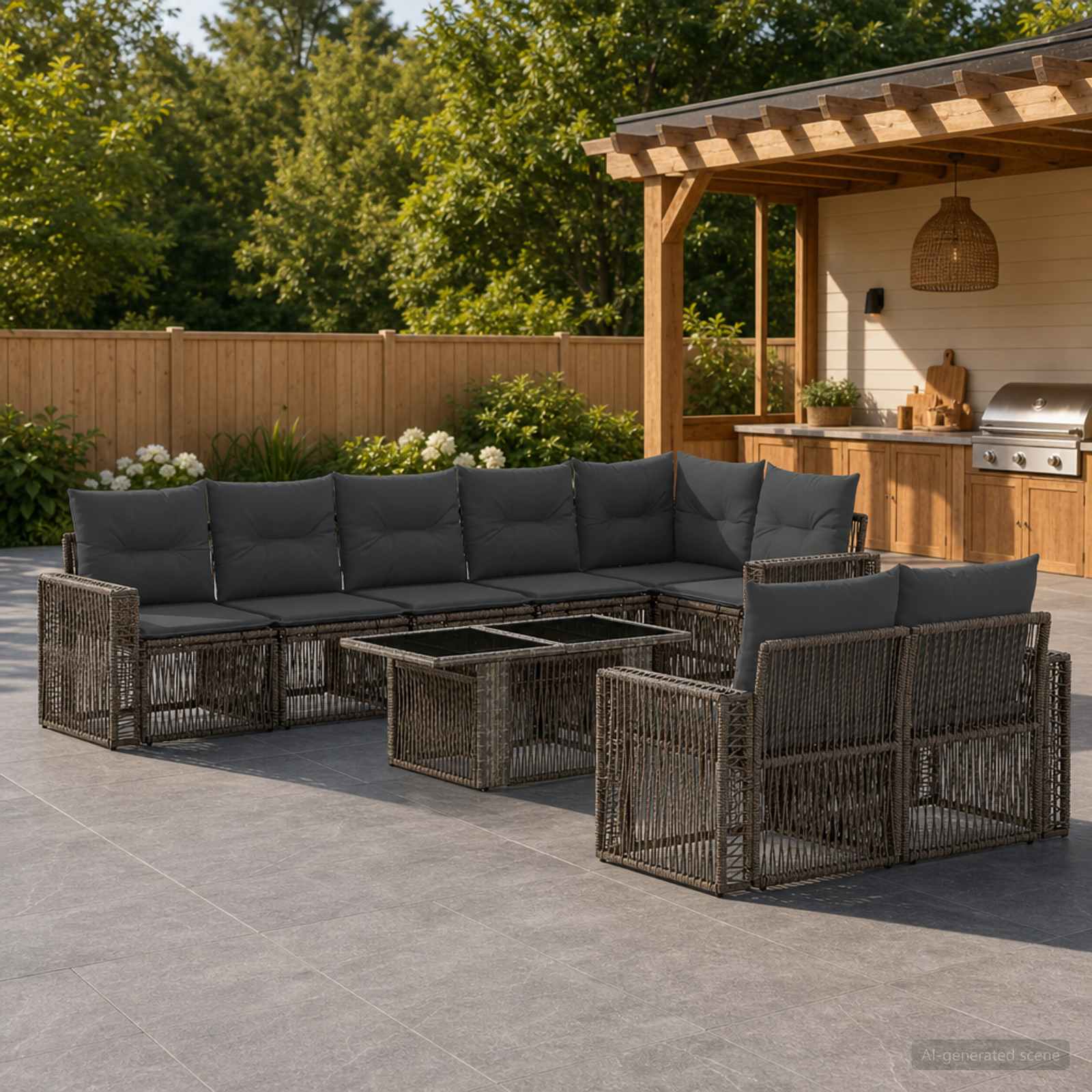Tuinbankenset 9 st Grijs en Donkergrijs poly rattan