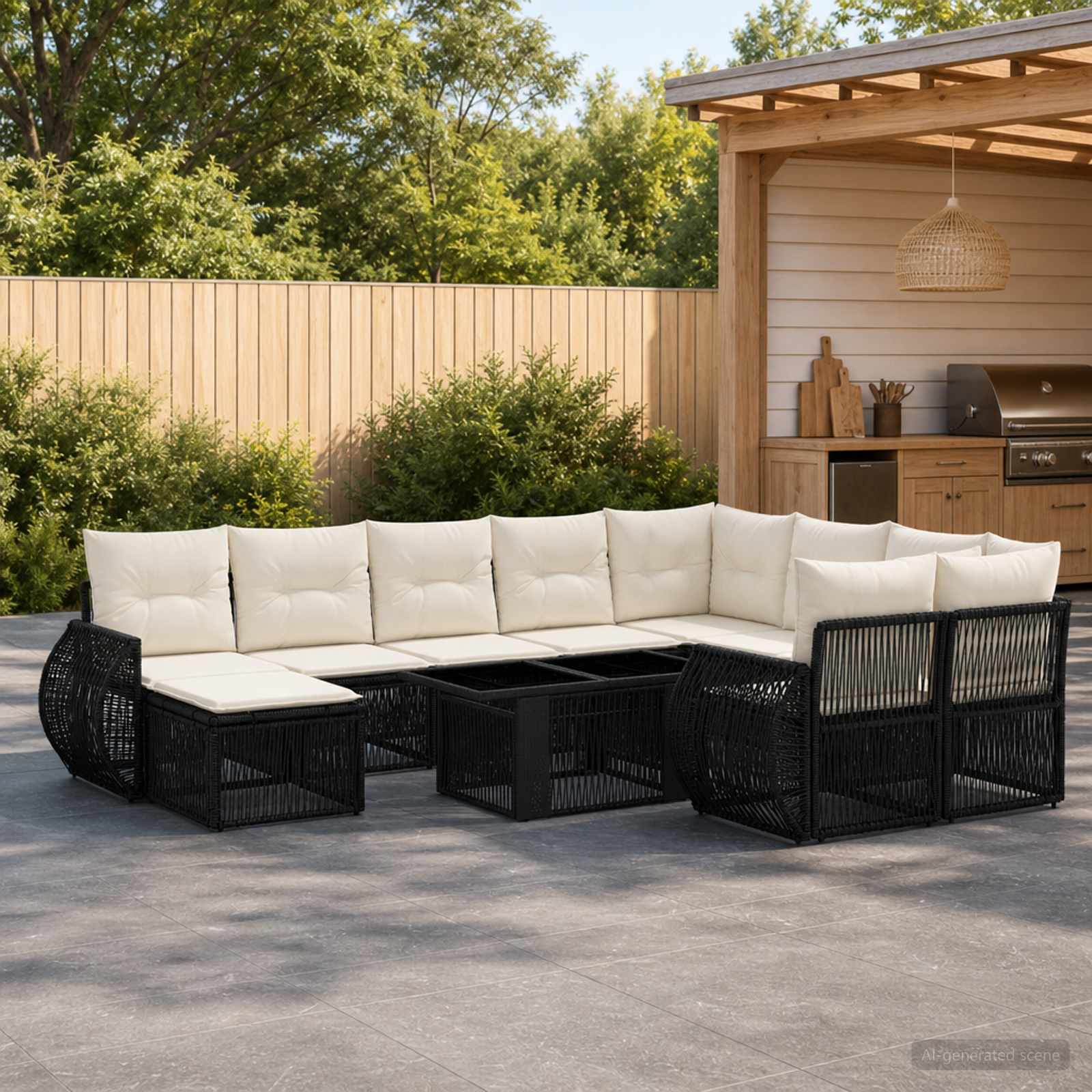 Градински Софа Комплект 11 бр. Черно и кремаво бяло полиратан