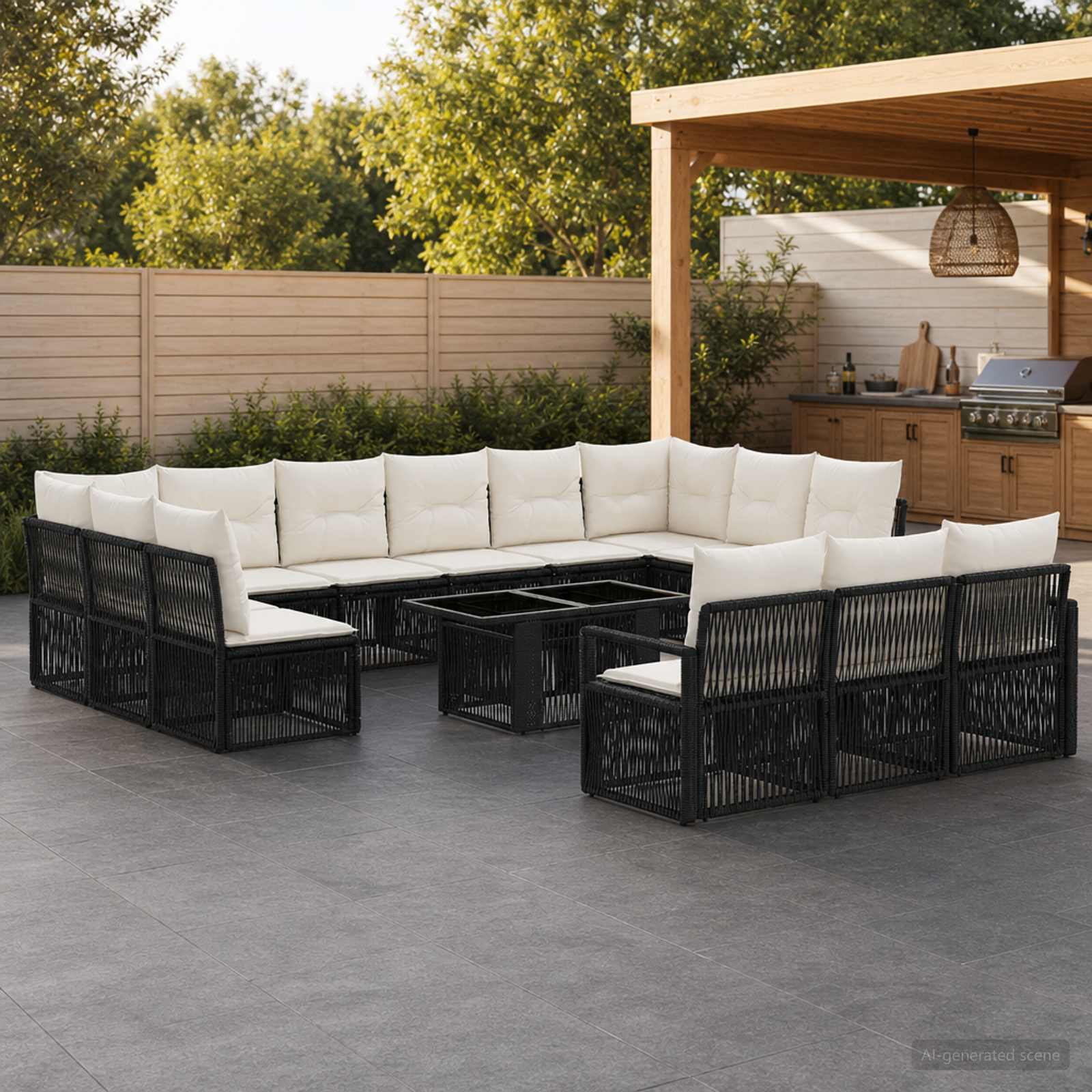 Tuinbankenset 14 st Zwart en Cream Wit poly rattan