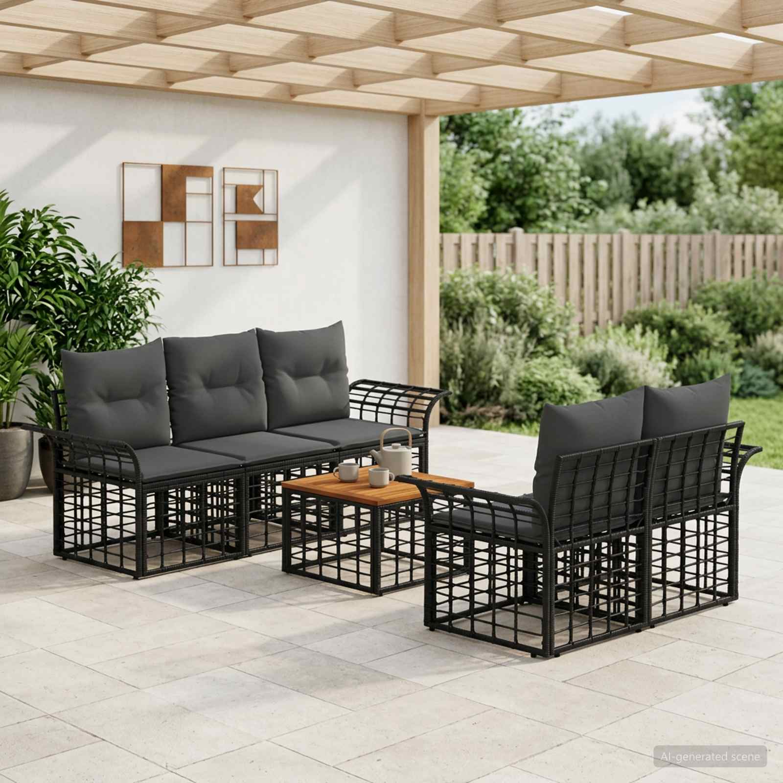 Комплект дивани за открито 6 бр. Черно и тъмно сиво полиратан