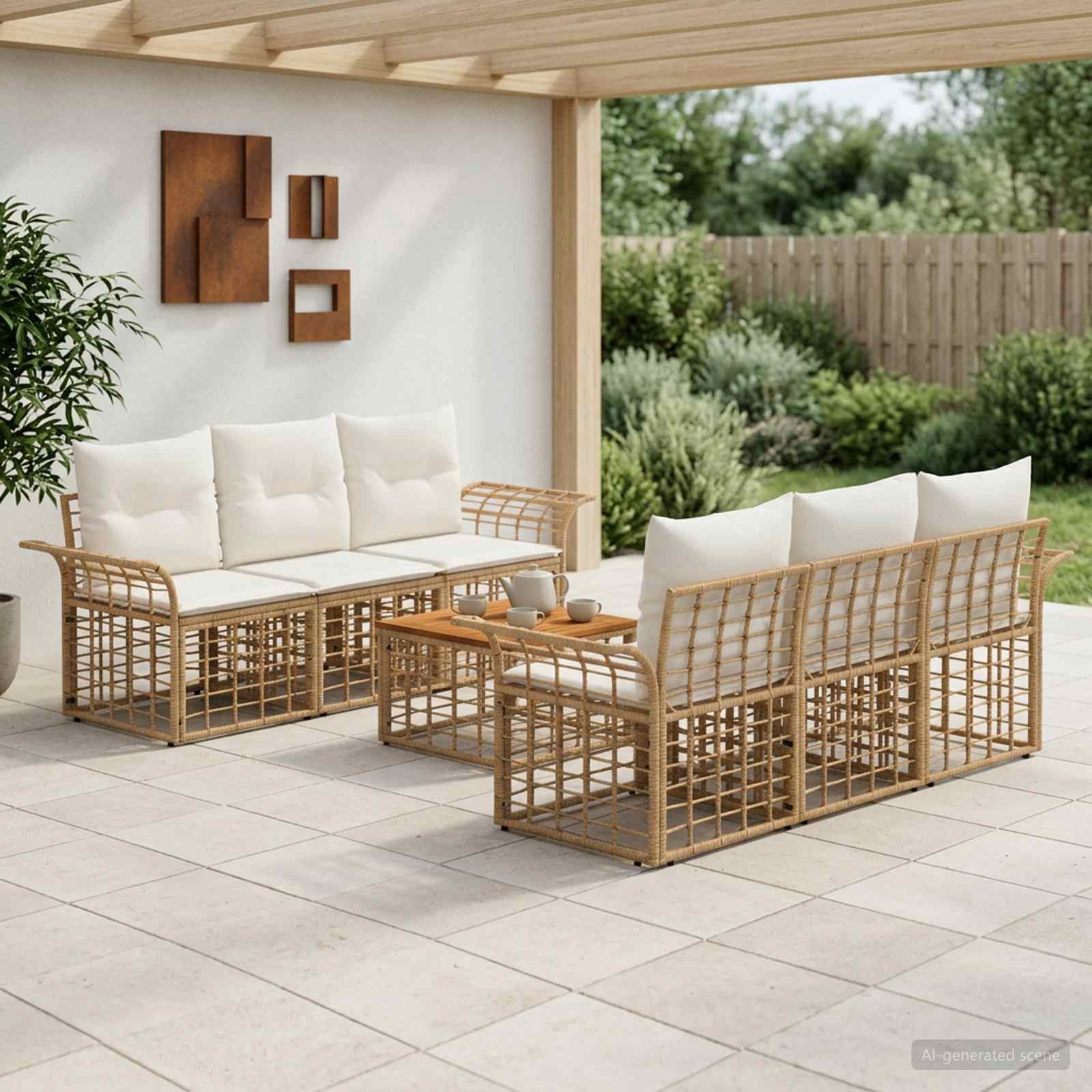 vidaXL Outdoor-Sofagarnitur 7 stk. Natürlich und Cremweiß Poly-Rattan