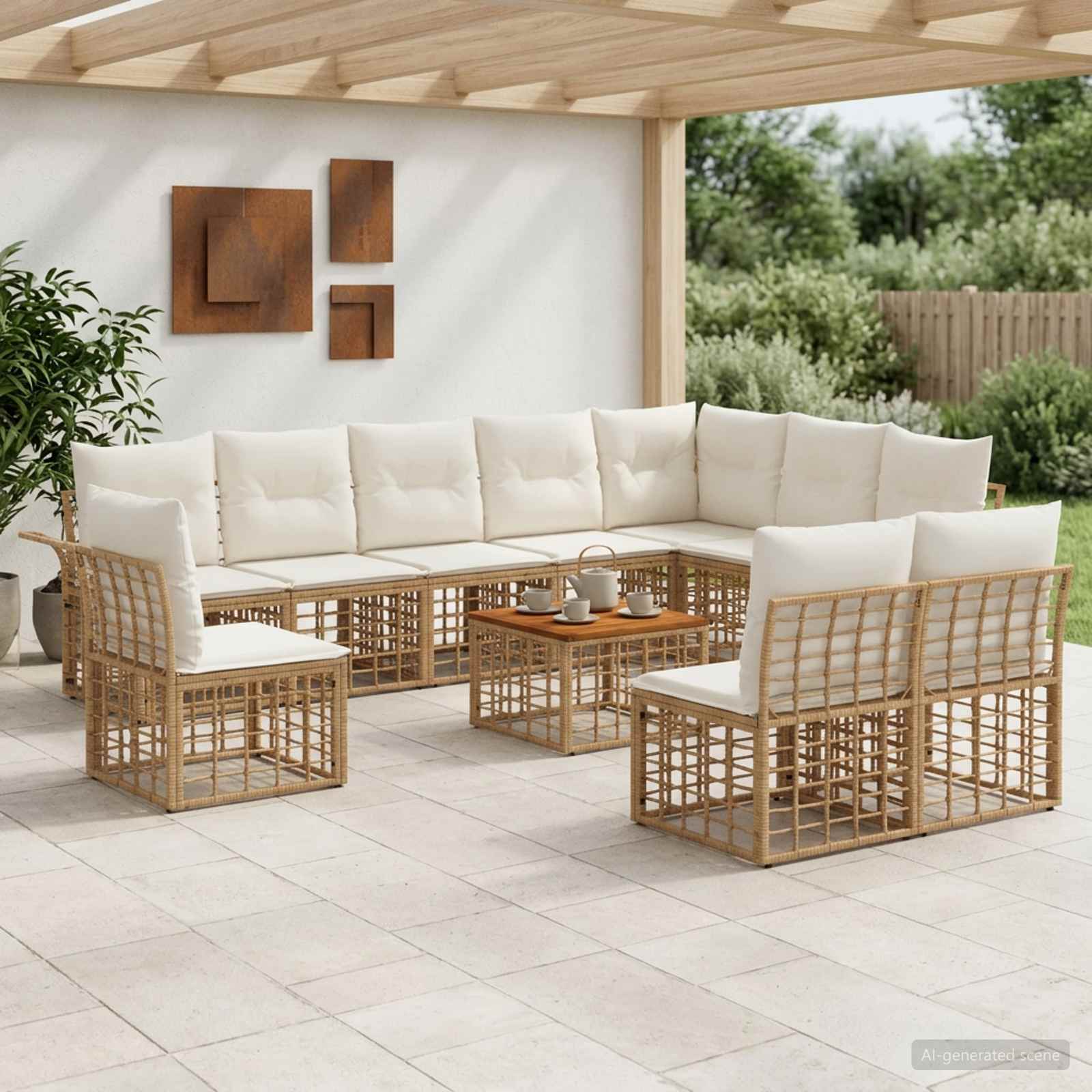 Utomhussoffset 11 pcs Naturlig och Creamvit Polyester
