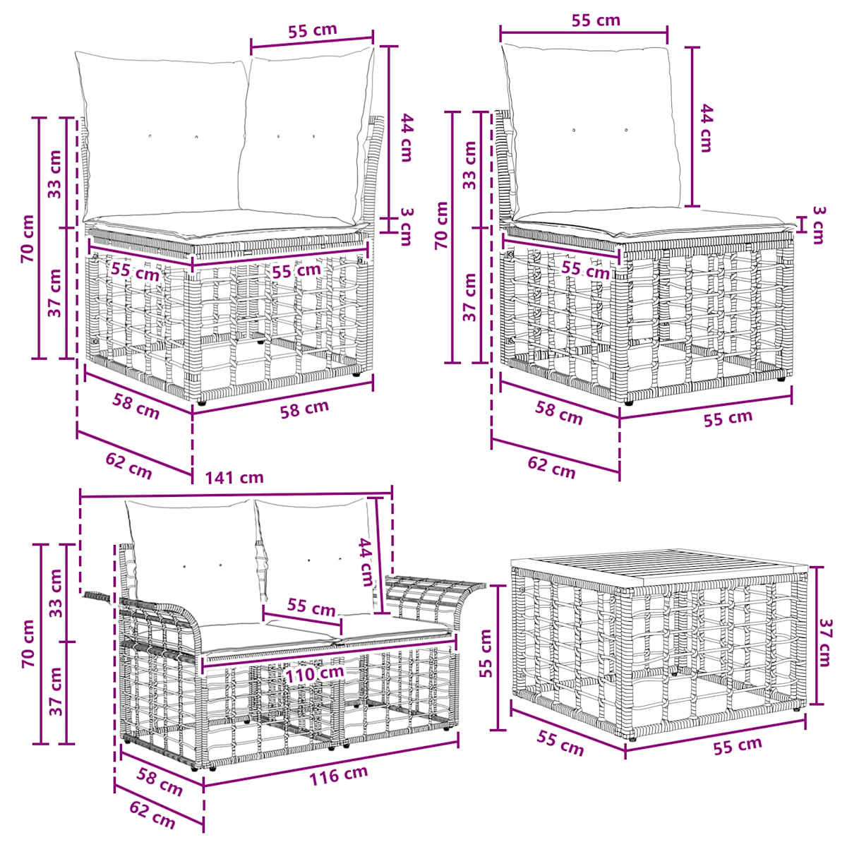 Udendørs sofagruppe 10 stk. 9-personers - Billede 10