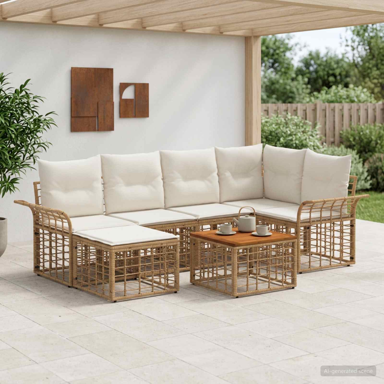 Utomhussoffset 7 pcs Naturlig och Creamvit Polyester