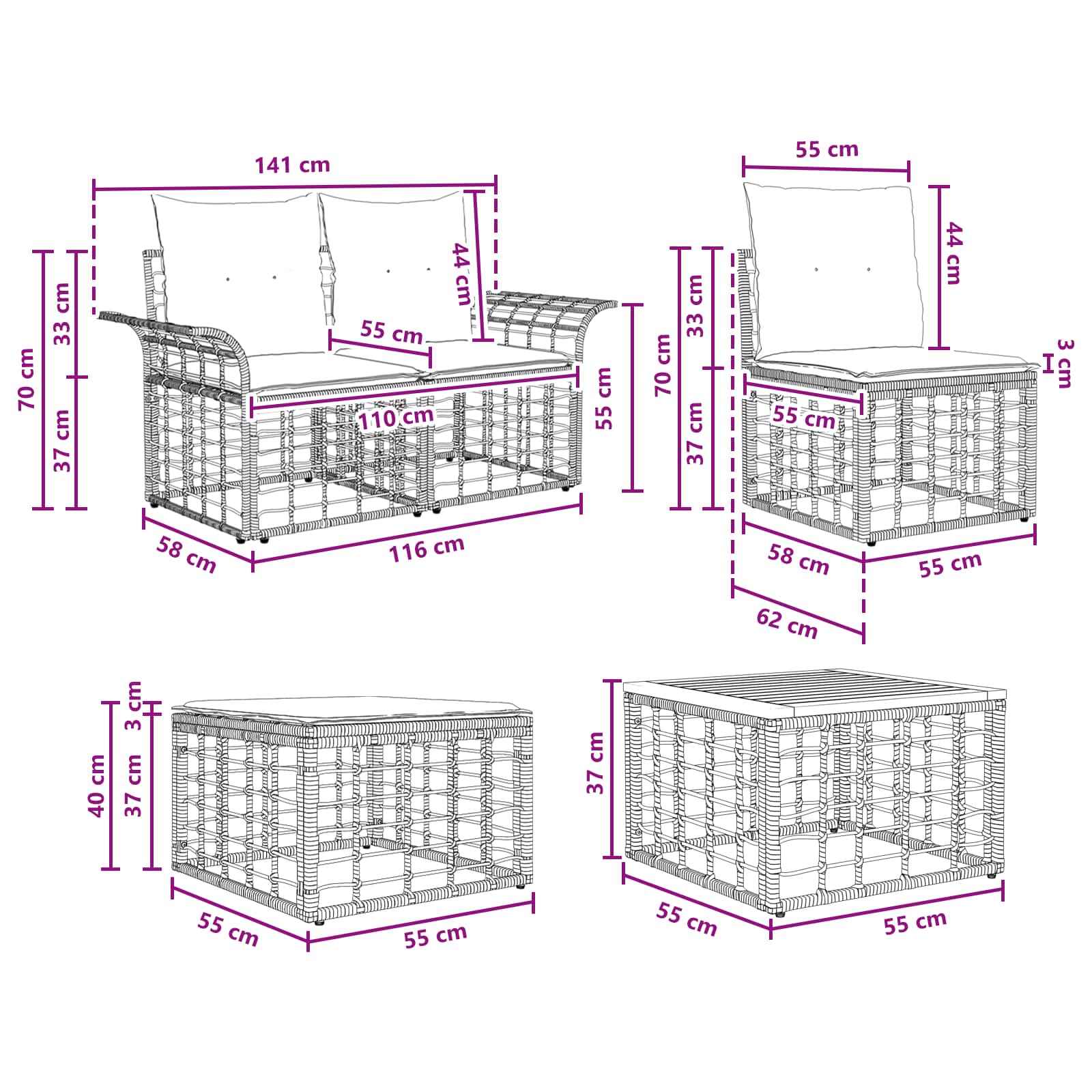 Sada zahradních pohovek 6 pcs polyratan - obrázek 10