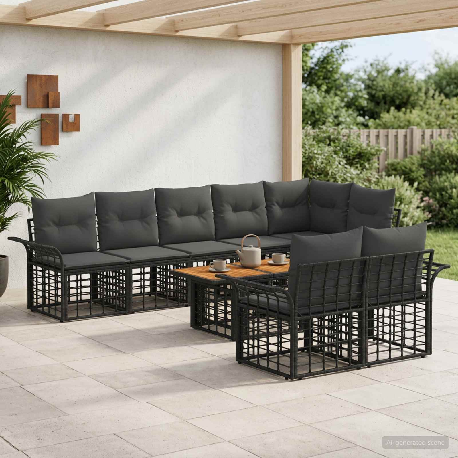 Tuinbankenset 9 st Zwart en Donkergrijs poly rattan