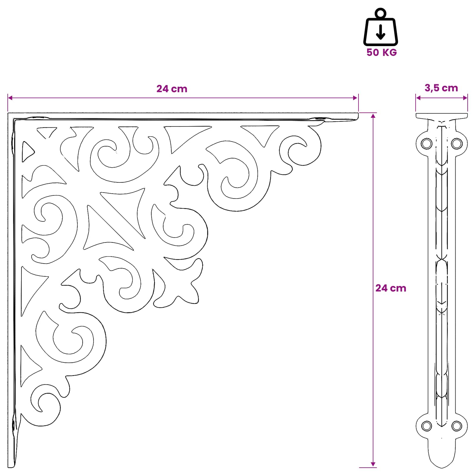 Nosilci za stenske police 12 kos Antik bela 24 x 24 x 3,5 cm