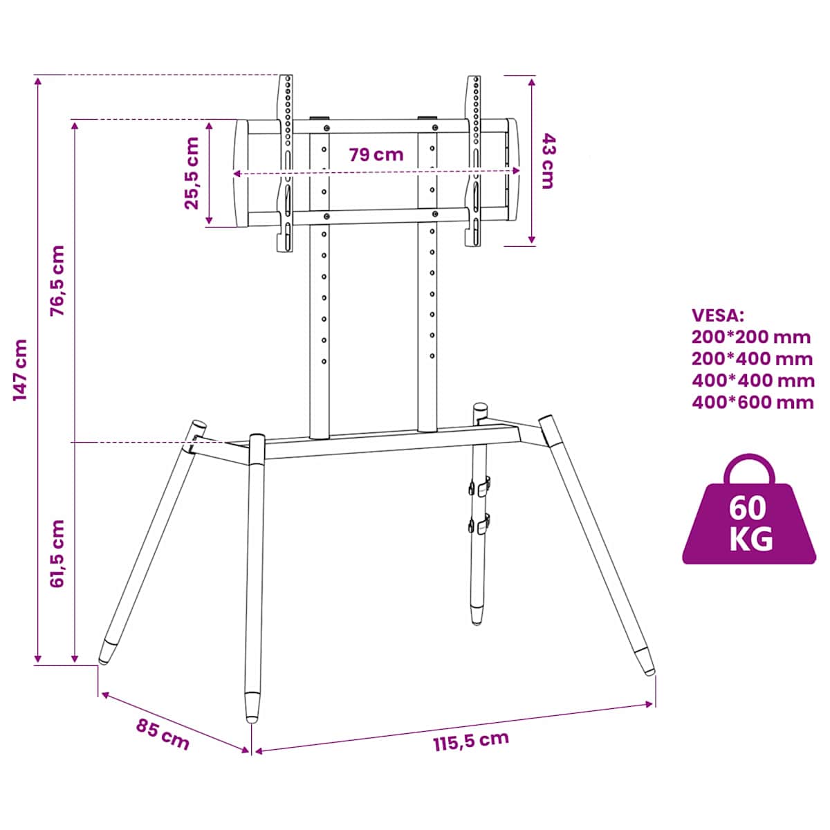 Staffeli TV-stativ til 37-86 Inch Screen Max VESA 400x600mm - Billede 11