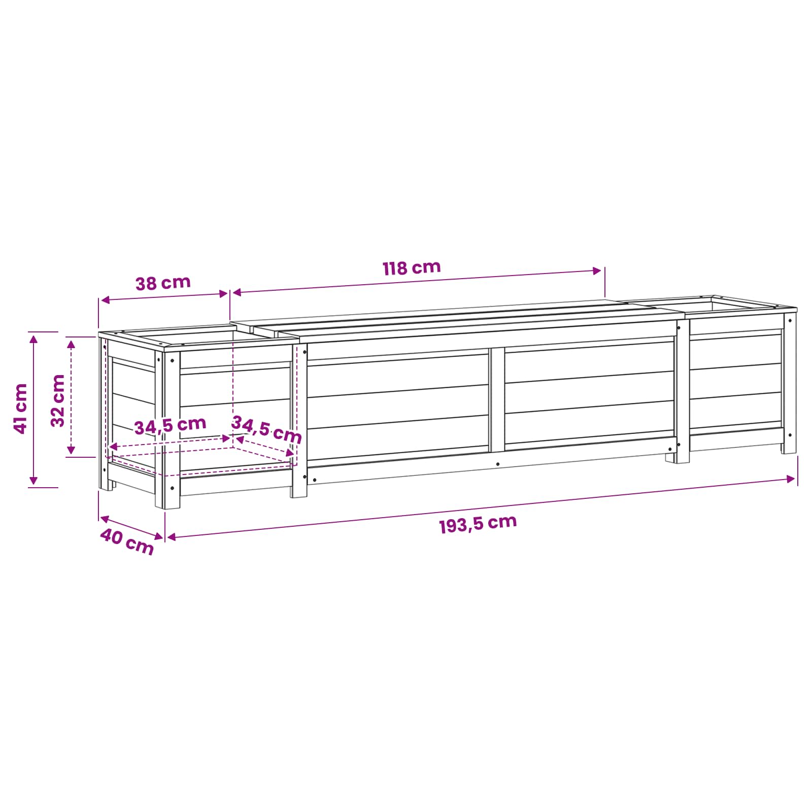 Garden Storage Bench with planter size guide