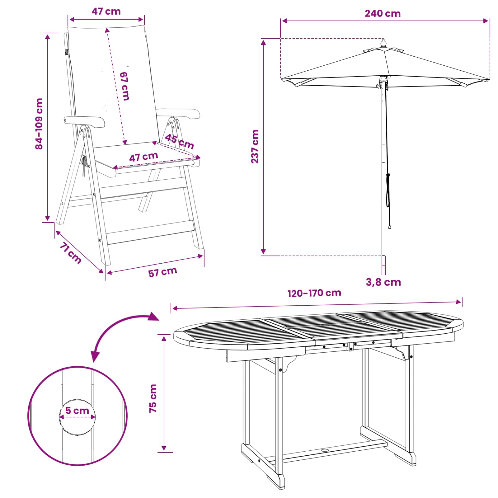 Outdoor Dining Set with Parasol 4 Seaters size guide