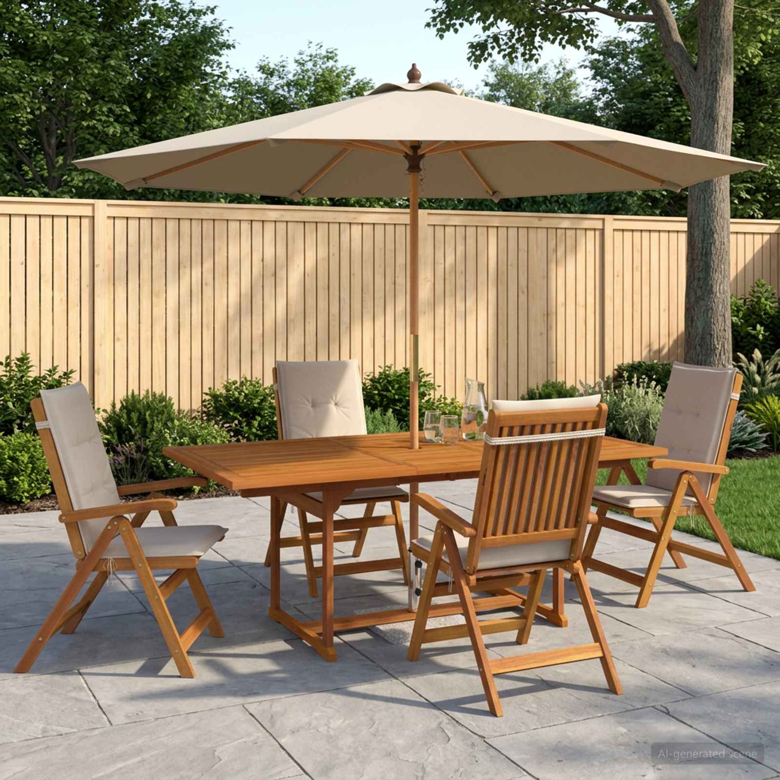 Buiten Eetset met Parasol 6 st Crèmewit Massief Acaciahout image 1