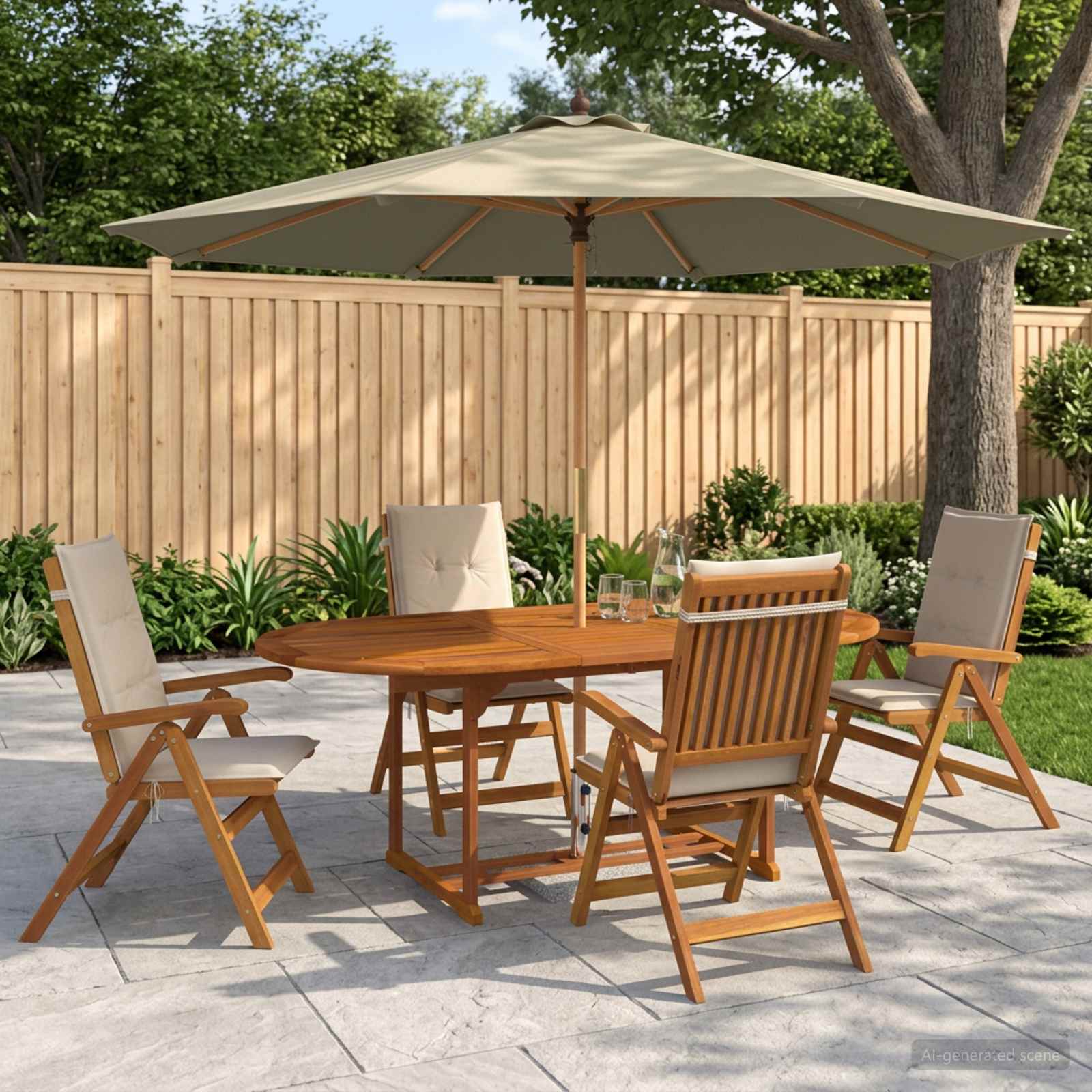 Buiten Eetset met Parasol 6 st Crèmewit Massief Acaciahout image 1