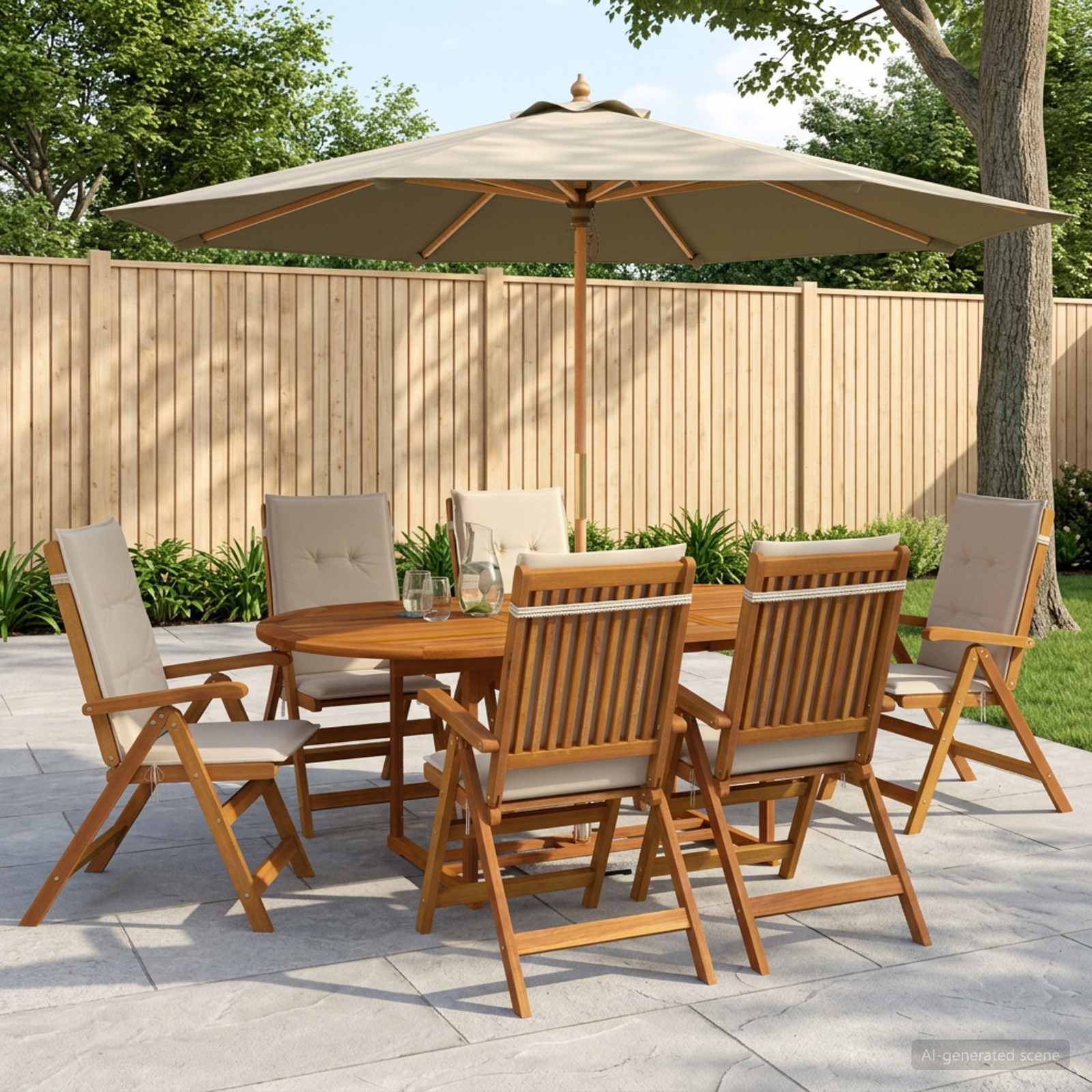 Buiten Eetset met Parasol 8 st Crèmewit Massief Acaciahout image 1
