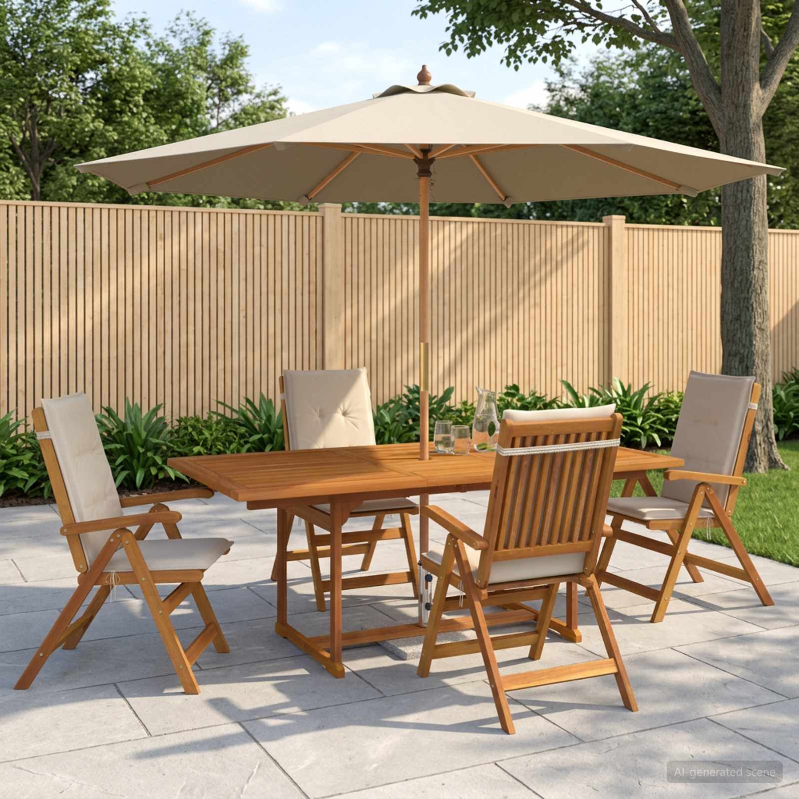 Buiten Eetset met Parasol 6 st Crèmewit Massief Acaciahout image 1