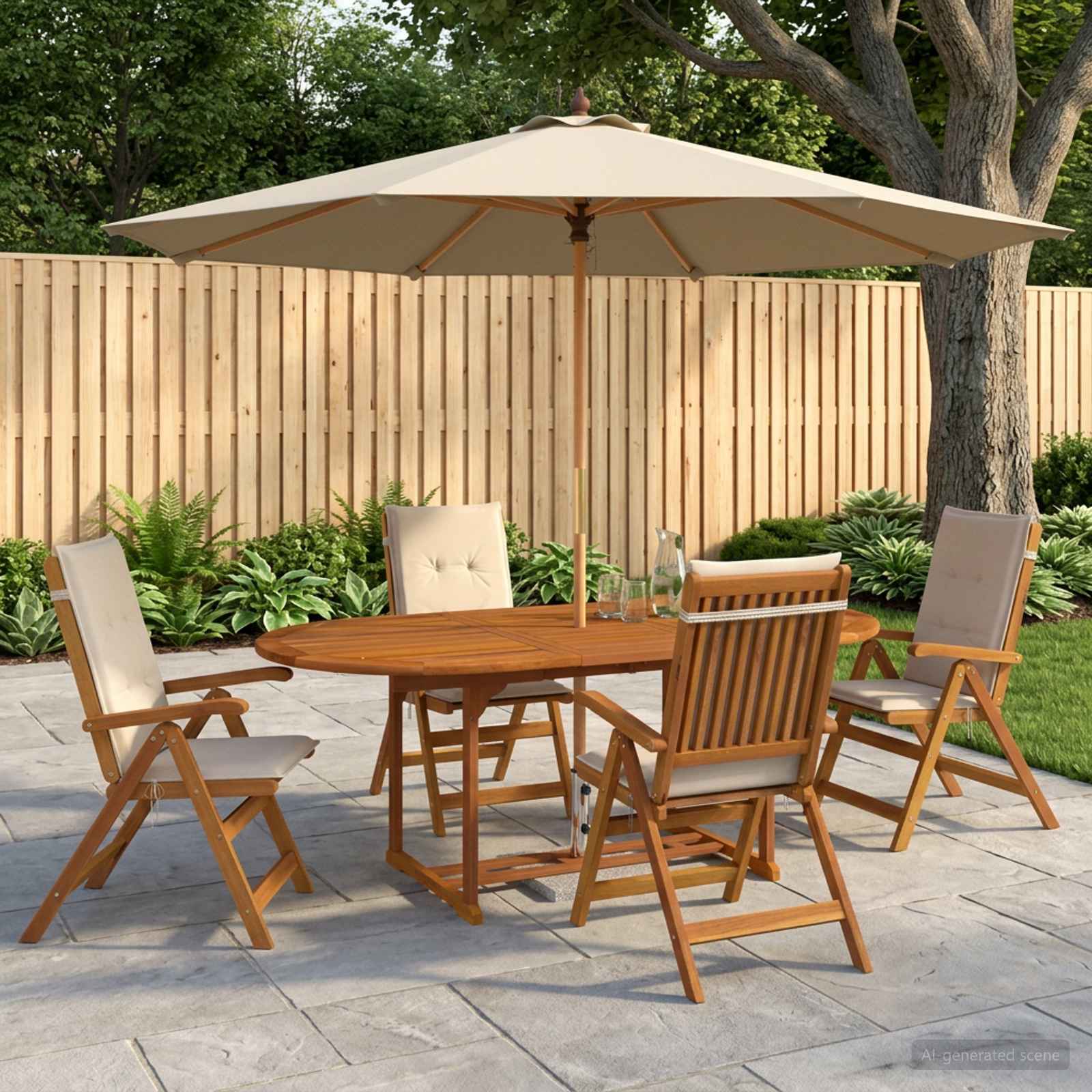 Cream white cushioned outdoor dining set with parasol, side view on a paved patio.