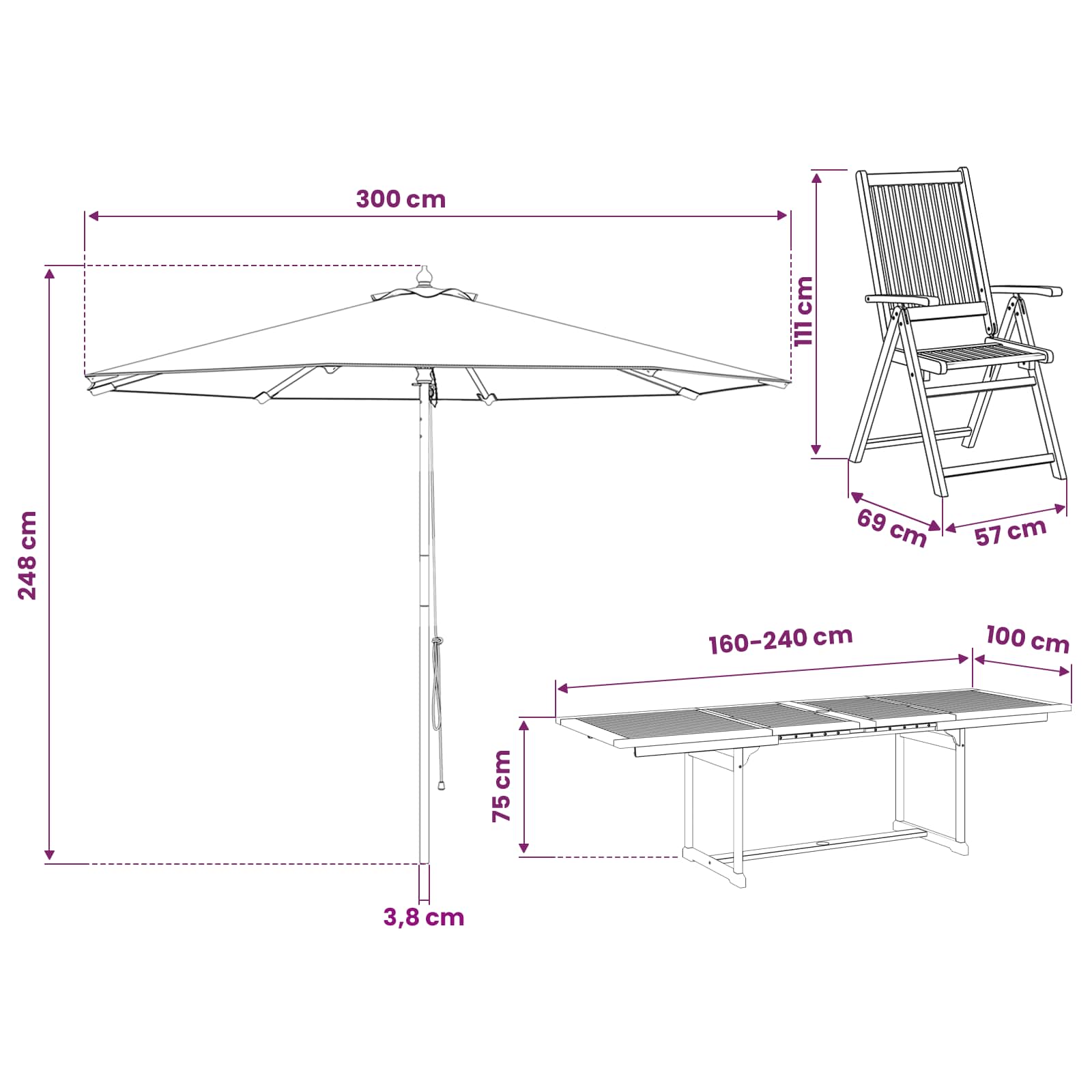 Outdoor Dining Set with Parasol size guide