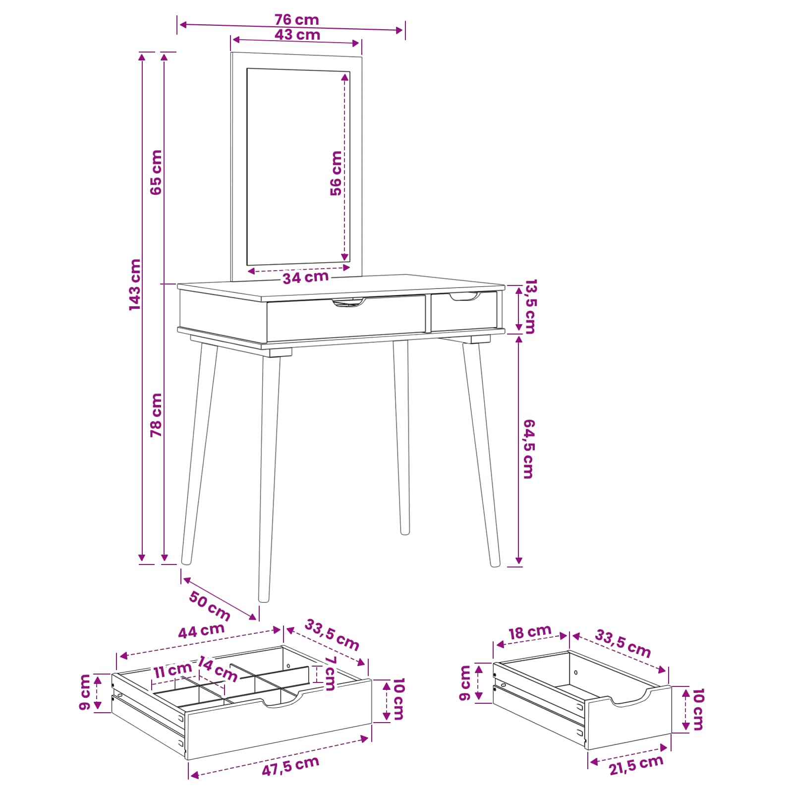Dressing Table Set FAUSKE size guide
