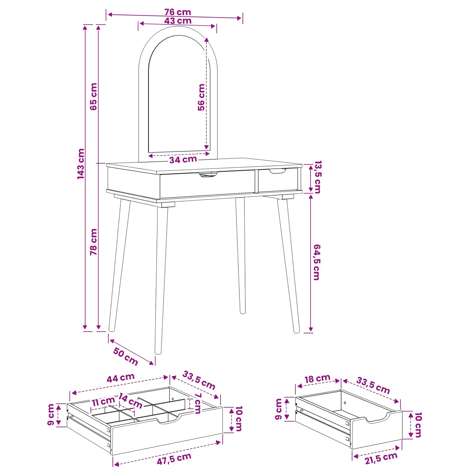 Schminktisch-Set FAUSKE 2 pcs Weiß 76 x 50 x 143 cm – Ansicht 7