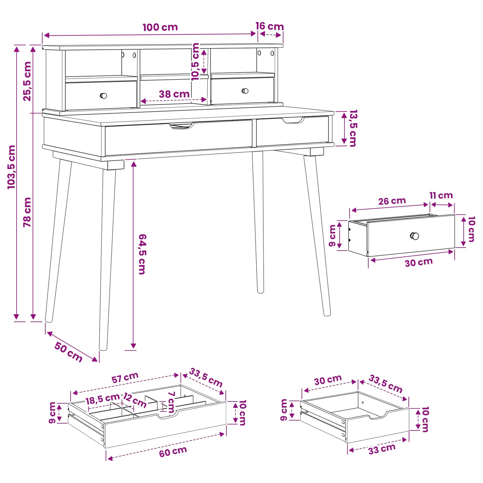 Schminktisch-Set FAUSKE 2 pcs Weiß 100 x 50 x 103,5 cm – Ansicht 9